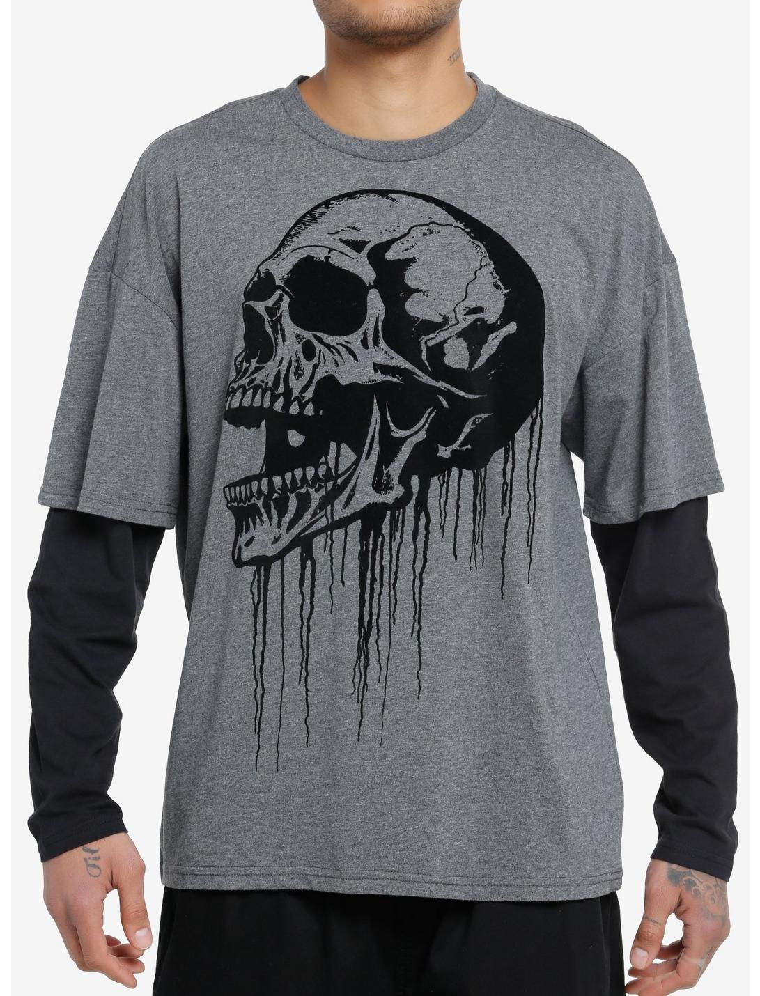 Social Collision® Dripping Skull Flocked Twofer Long-Sleeve T-Shirt, GREY, hi-res