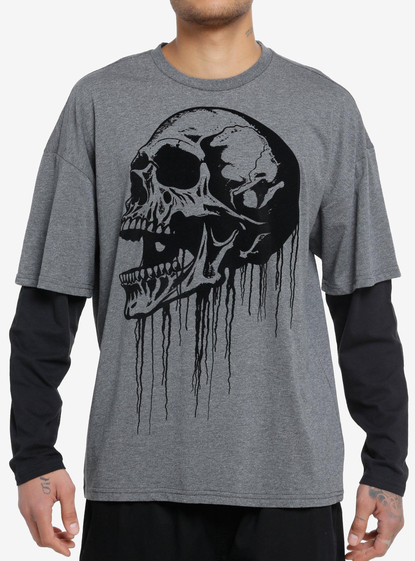 Social Collision® Dripping Skull Flocked Twofer Long-Sleeve T-Shirt, GREY, hi-res