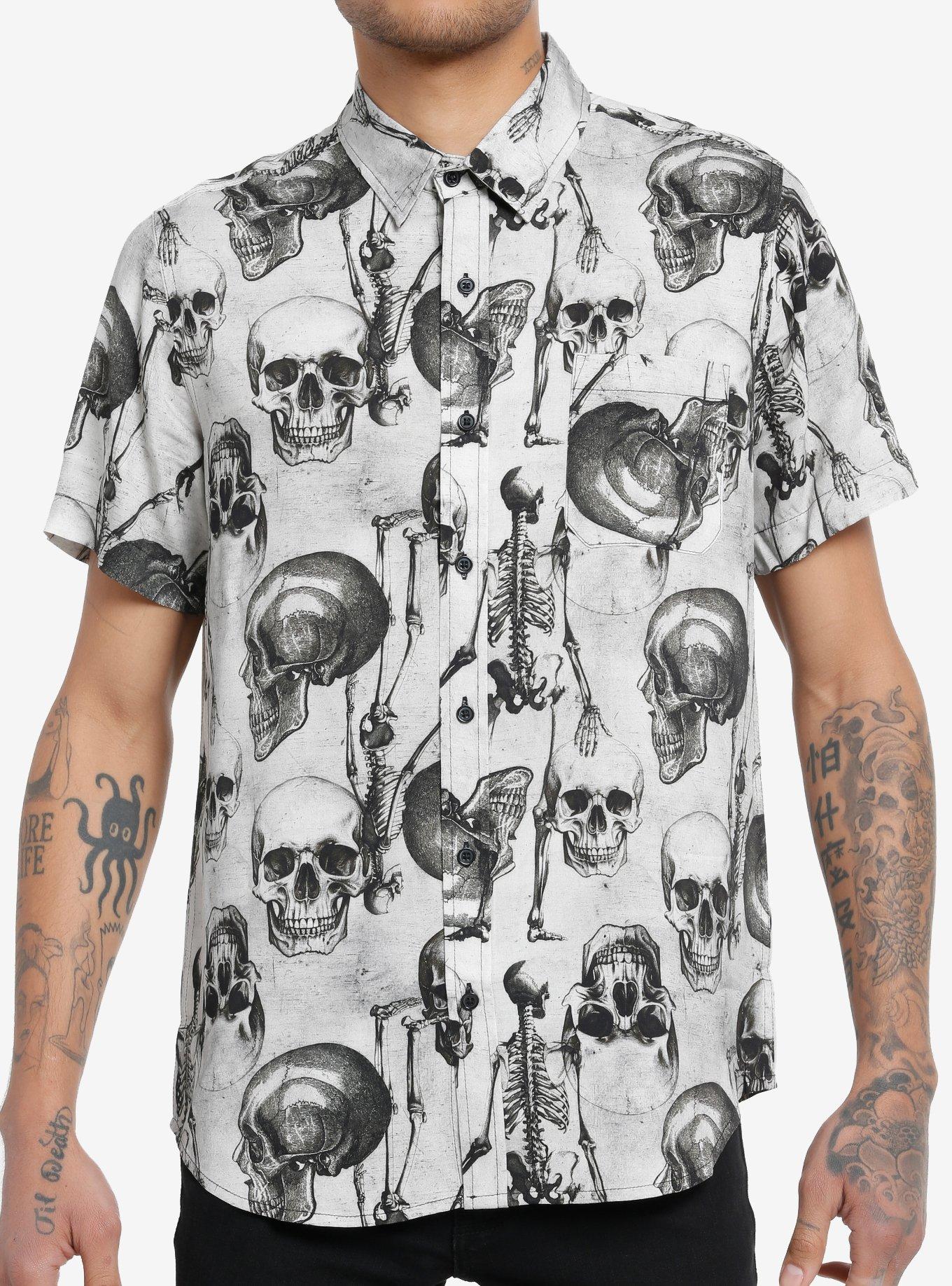 Cosmic Aura Skeletons & Skulls Woven Button-Up, GREY, hi-res