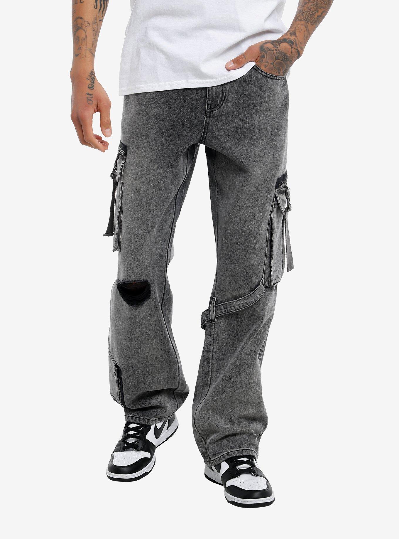 Black Distressed Cargo Denim Pants, BLACK, hi-res