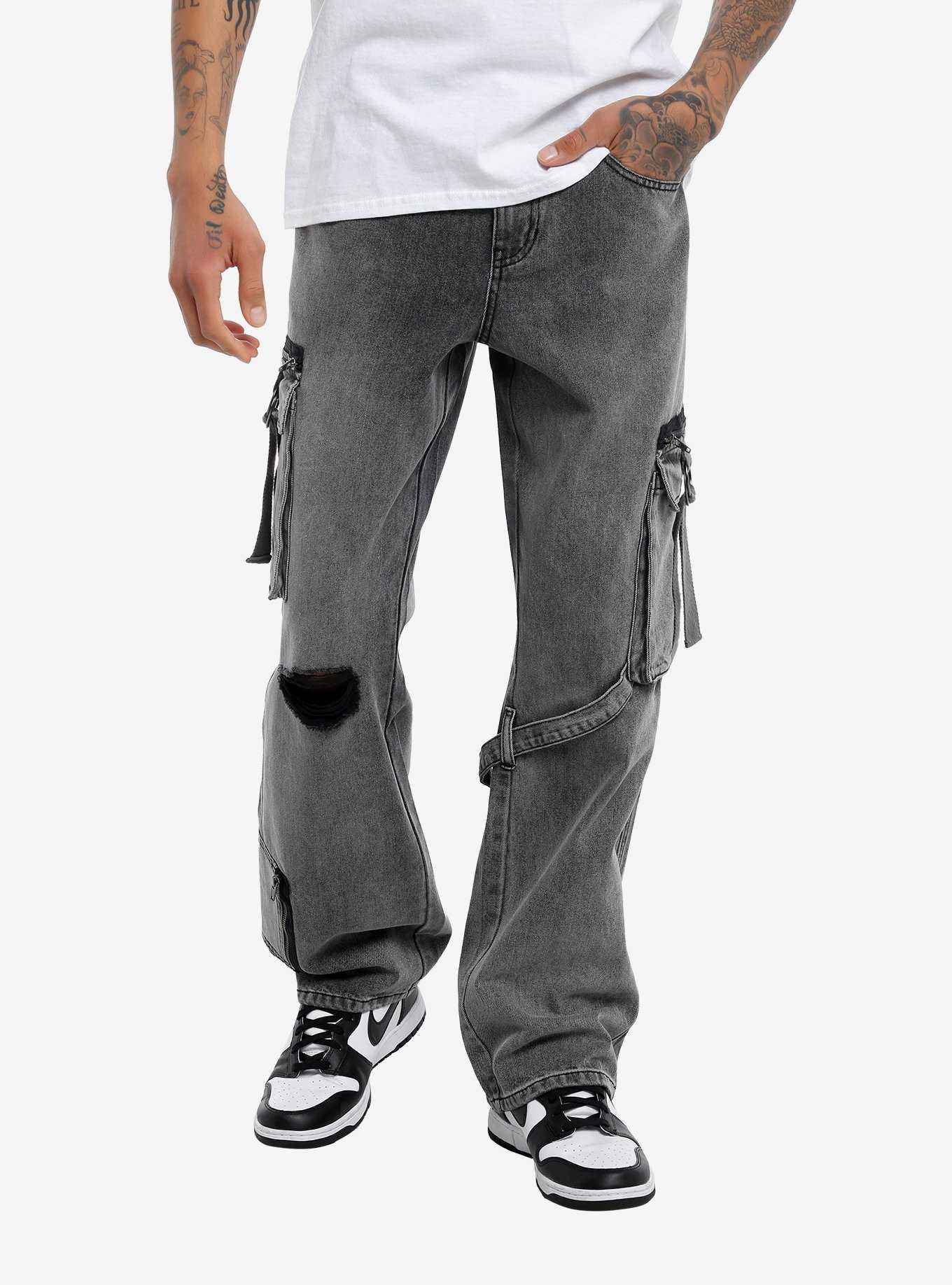 Black Distressed Cargo Denim Pants, , hi-res