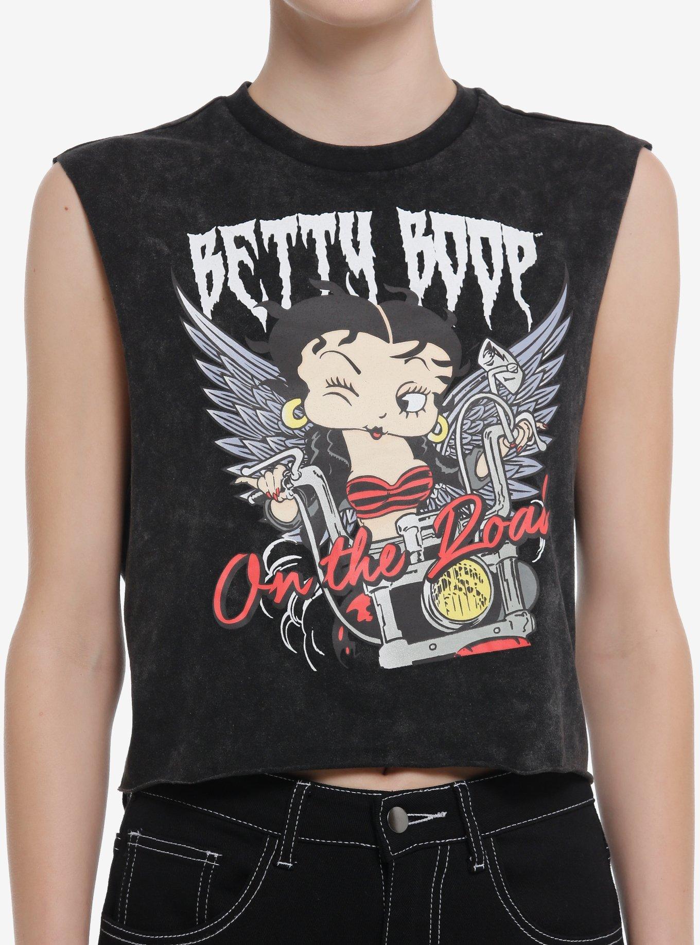 Betty Boop Motorcycle Dark Wash Girls Crop Muscle Tank Top