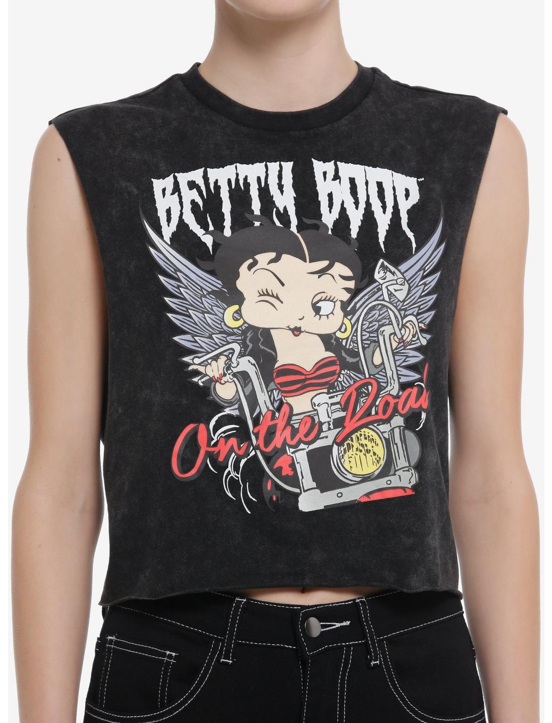 Betty Boop Motorcycle Dark Wash Girls Crop Muscle Tank Top, MULTI, hi-res