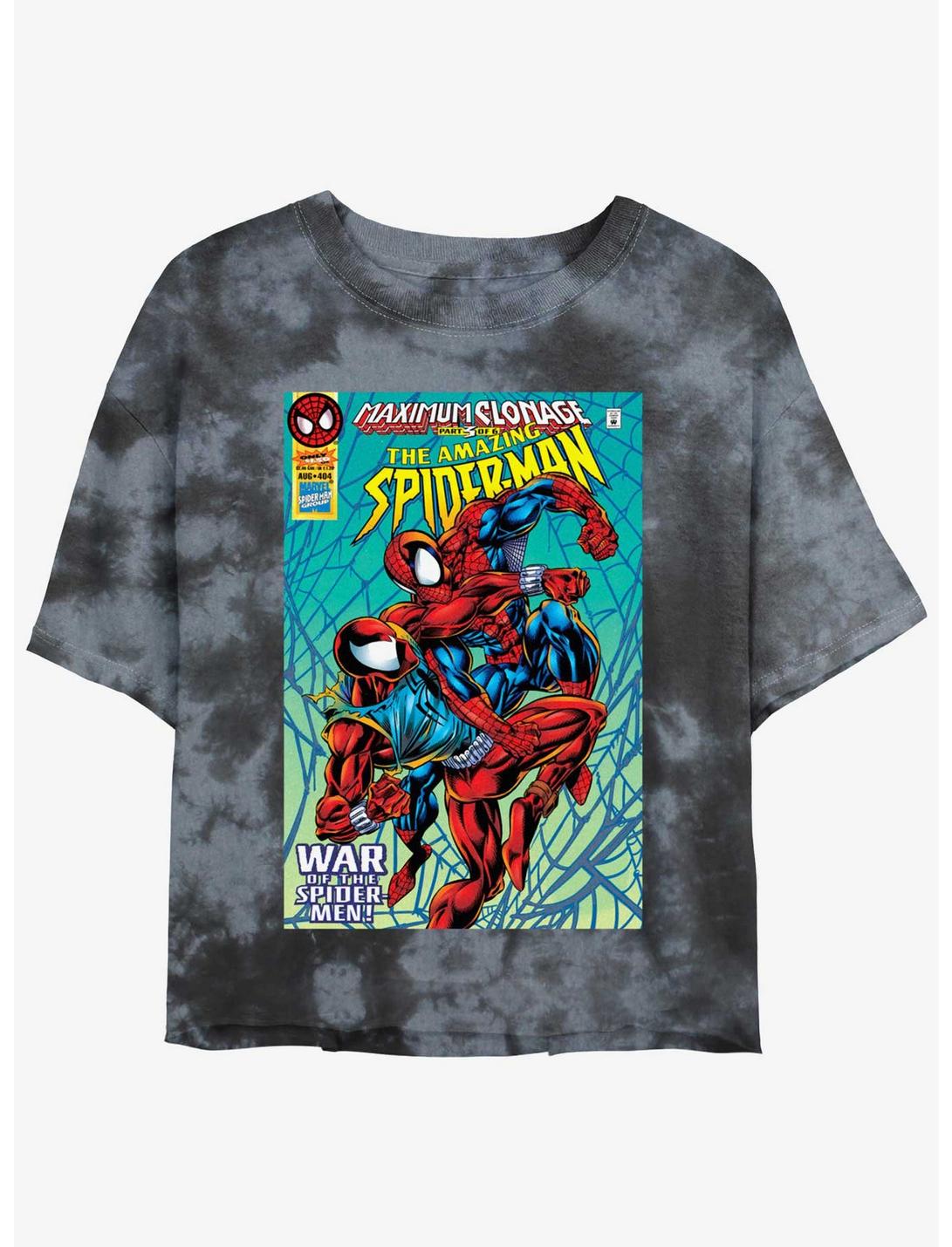 Marvel Spider-Man Clone Wars Comic Cover Womens Tie-Dye Crop T-Shirt, BLKCHAR, hi-res