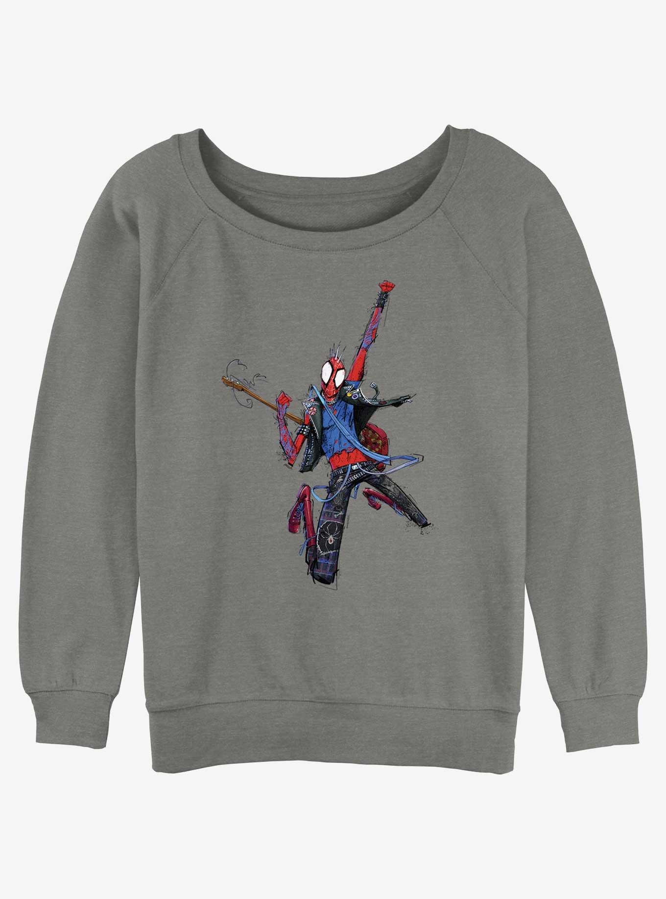 Marvel Spider-Man: Across the Spider-Verse Spider-Punk Rock Out Womens Slouchy Sweatshirt, GRAY HTR, hi-res