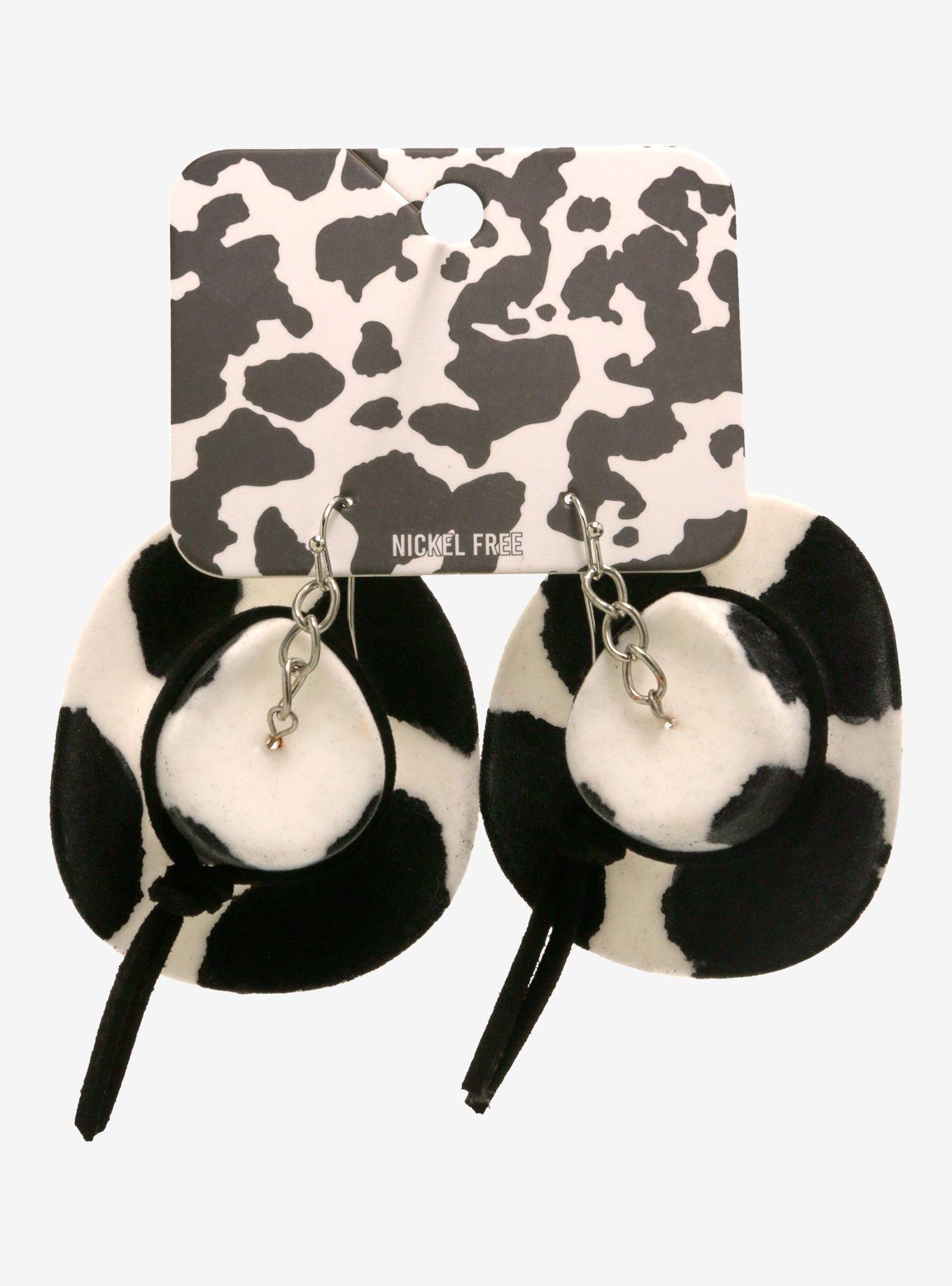 Cow Print Felt Cowboy Hat Earrings, , hi-res