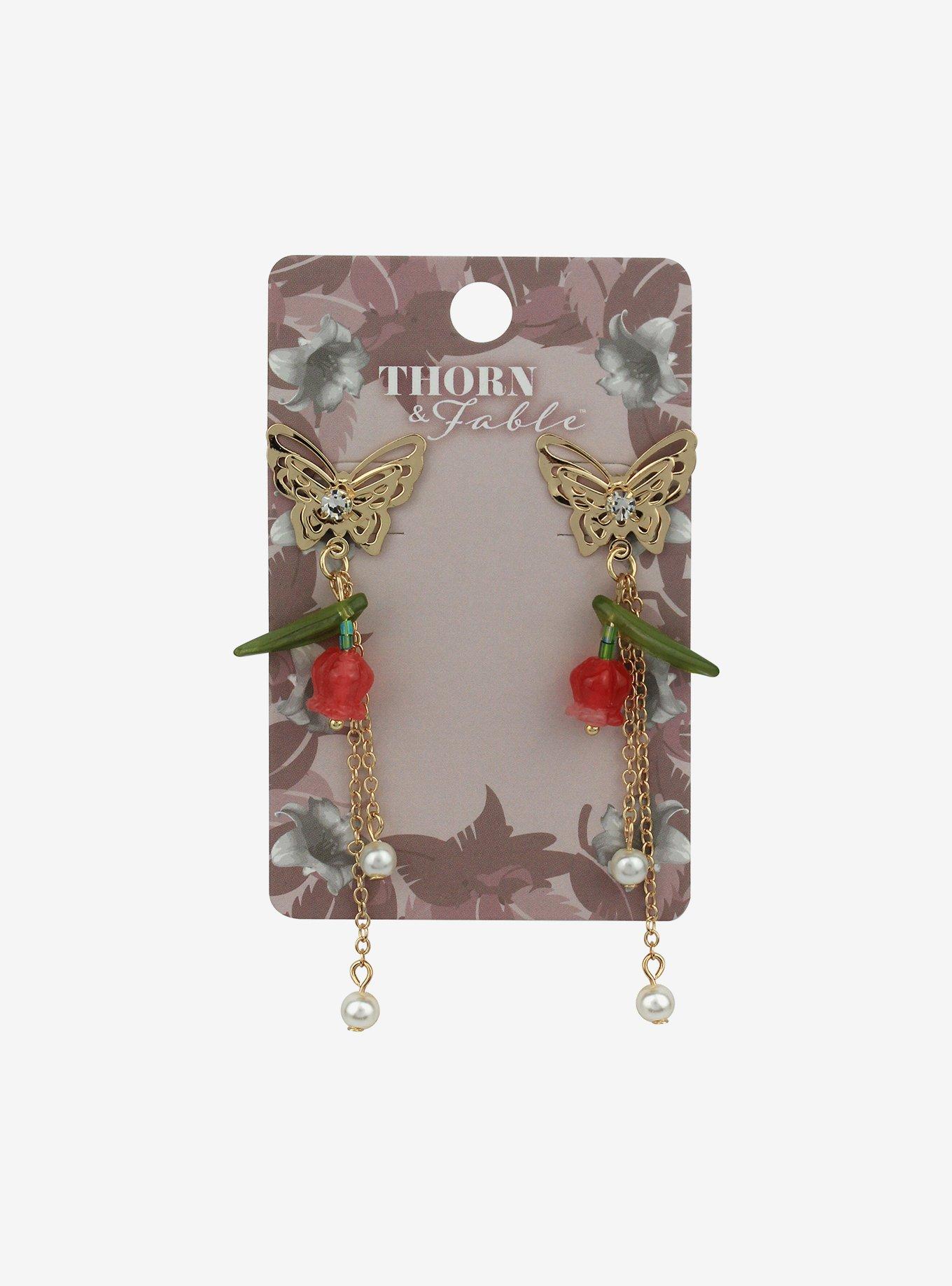 Thorn & Fable Butterfly Flower Drop Earrings, , hi-res