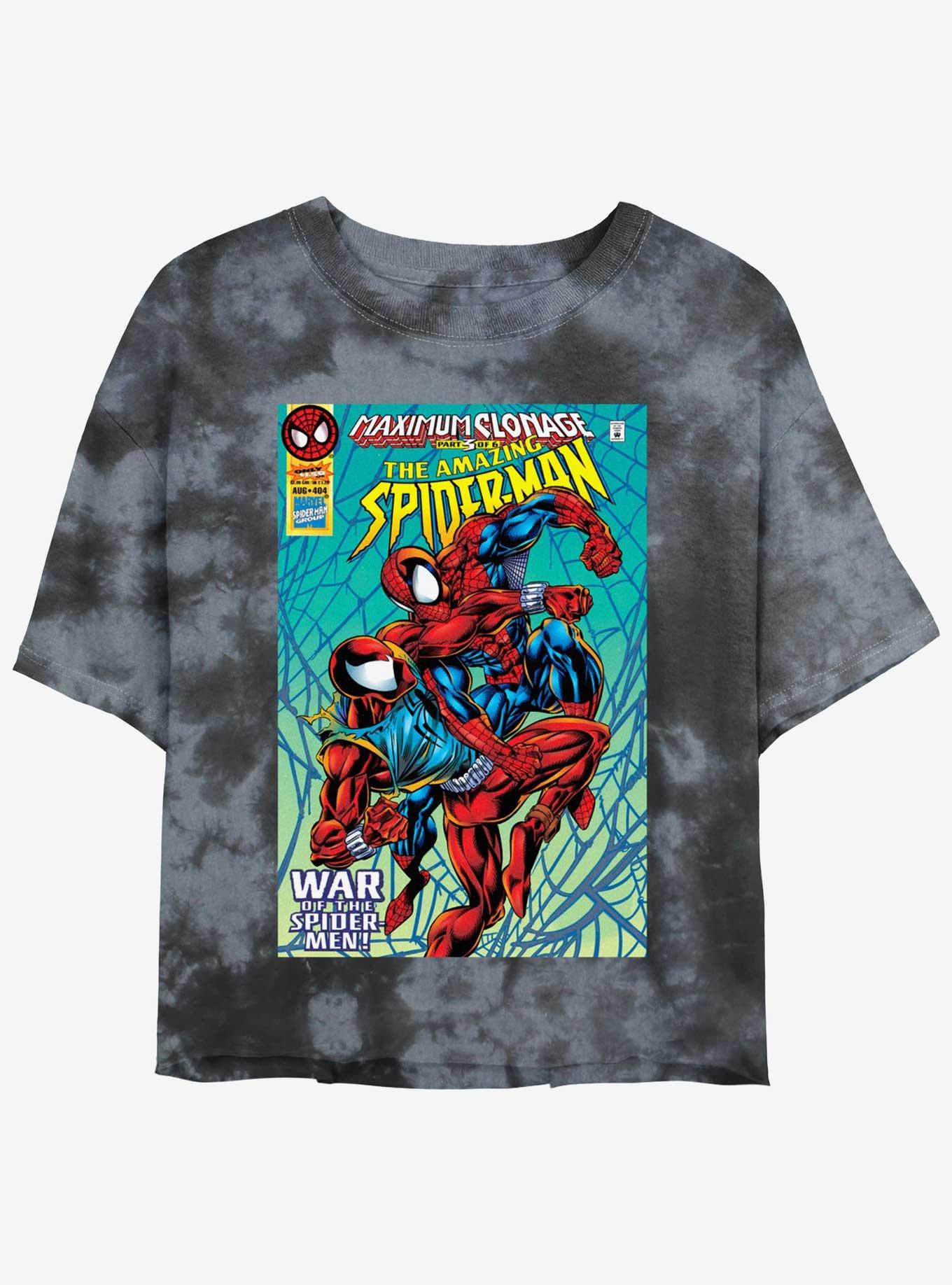 Marvel Spider-Man Clone Wars Comic Cover Womens Tie-Dye Crop T-Shirt, BLKCHAR, hi-res view 1