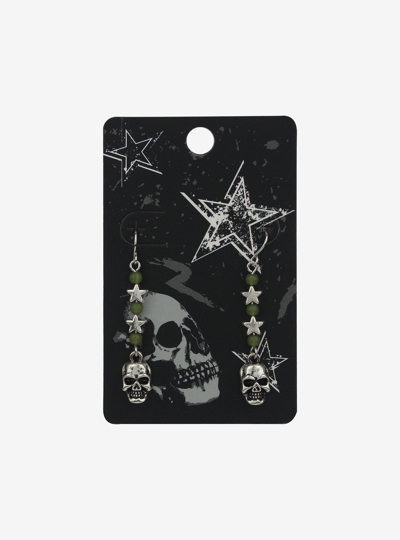 Green Bead Skull Drop Earrings, , hi-res