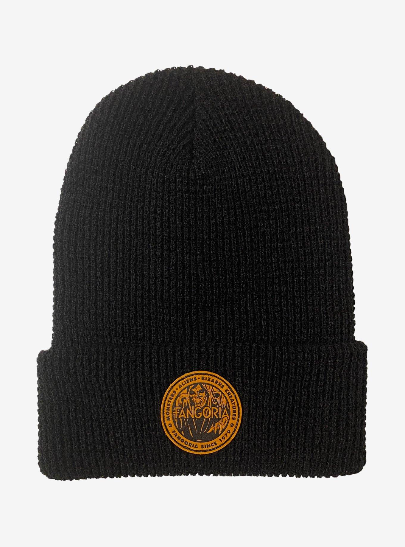 FANGORIA Leather Patch Black Beanie, , hi-res