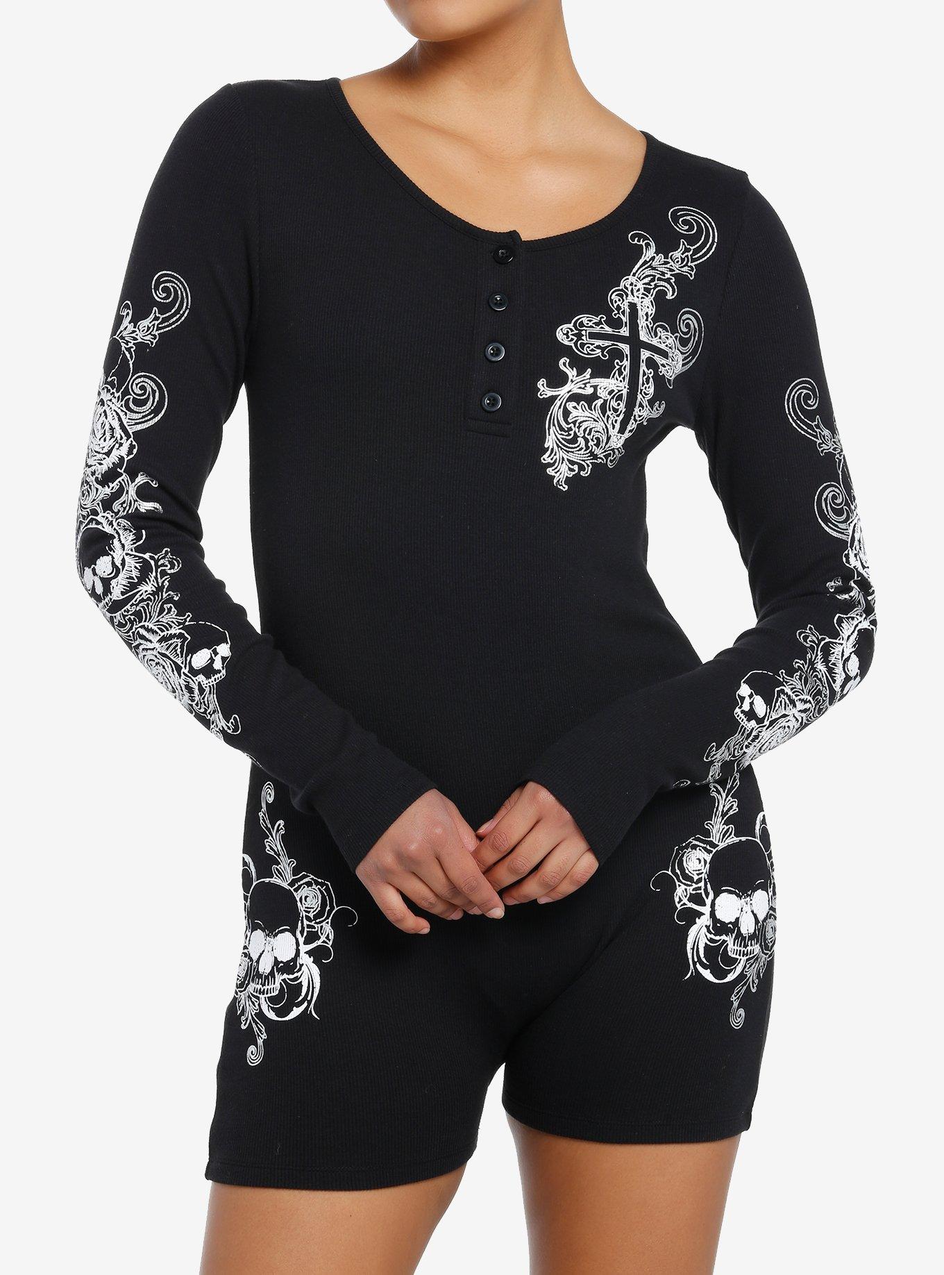 Social Collision Skulls & Crosses Ribbed Romper, BLACK, hi-res