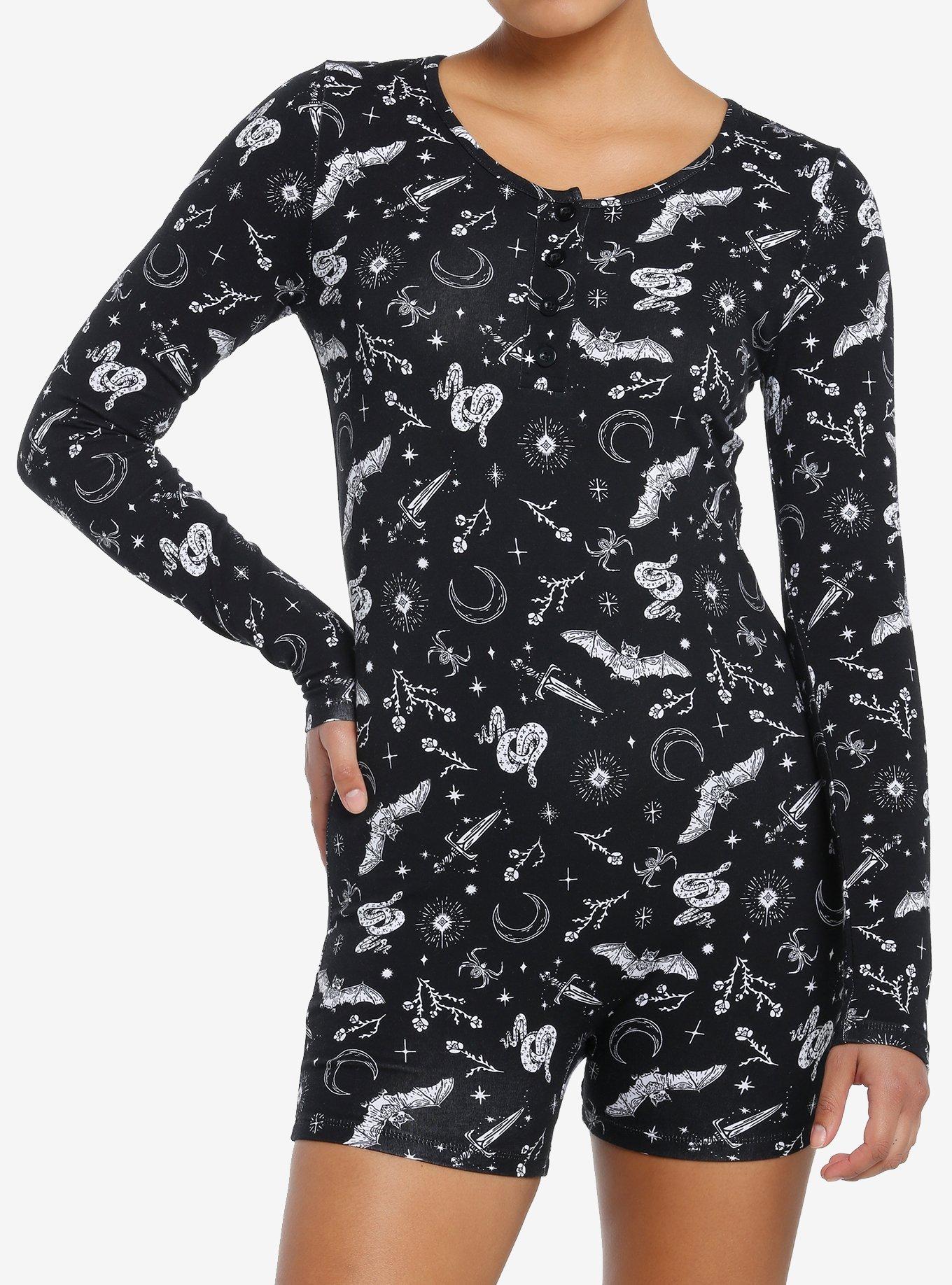 Cosmic Aura Bats & Snakes Long-Sleeve Romper, BLACK, hi-res