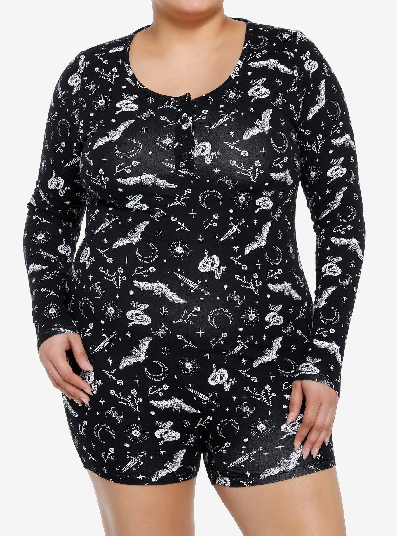 Cosmic Aura Bats & Snakes Long-Sleeve Romper Plus Size, BLACK, hi-res