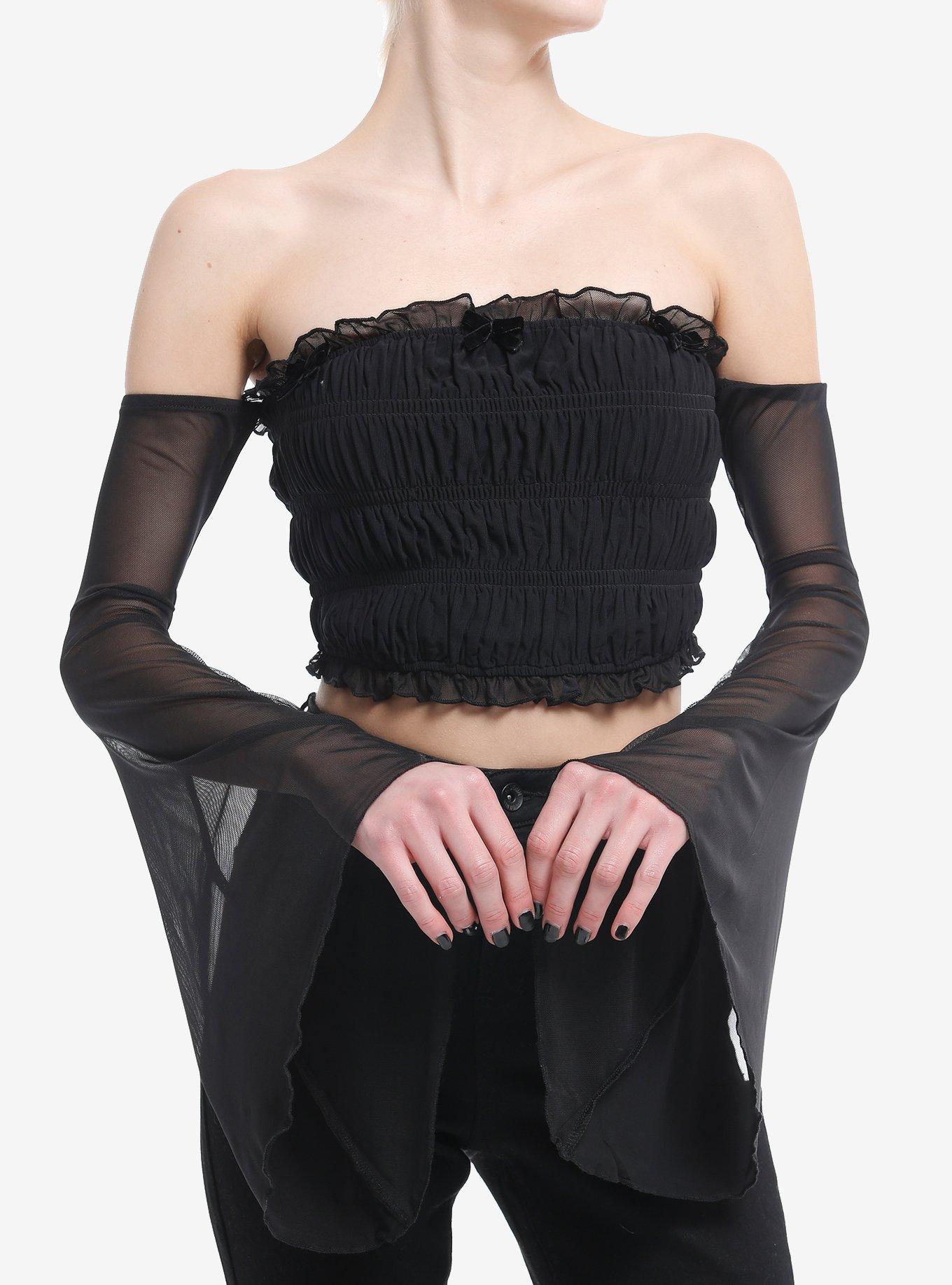 Cosmic Aura Black Mesh Bow Girls Cold Shoulder Crop Top, BLACK, hi-res