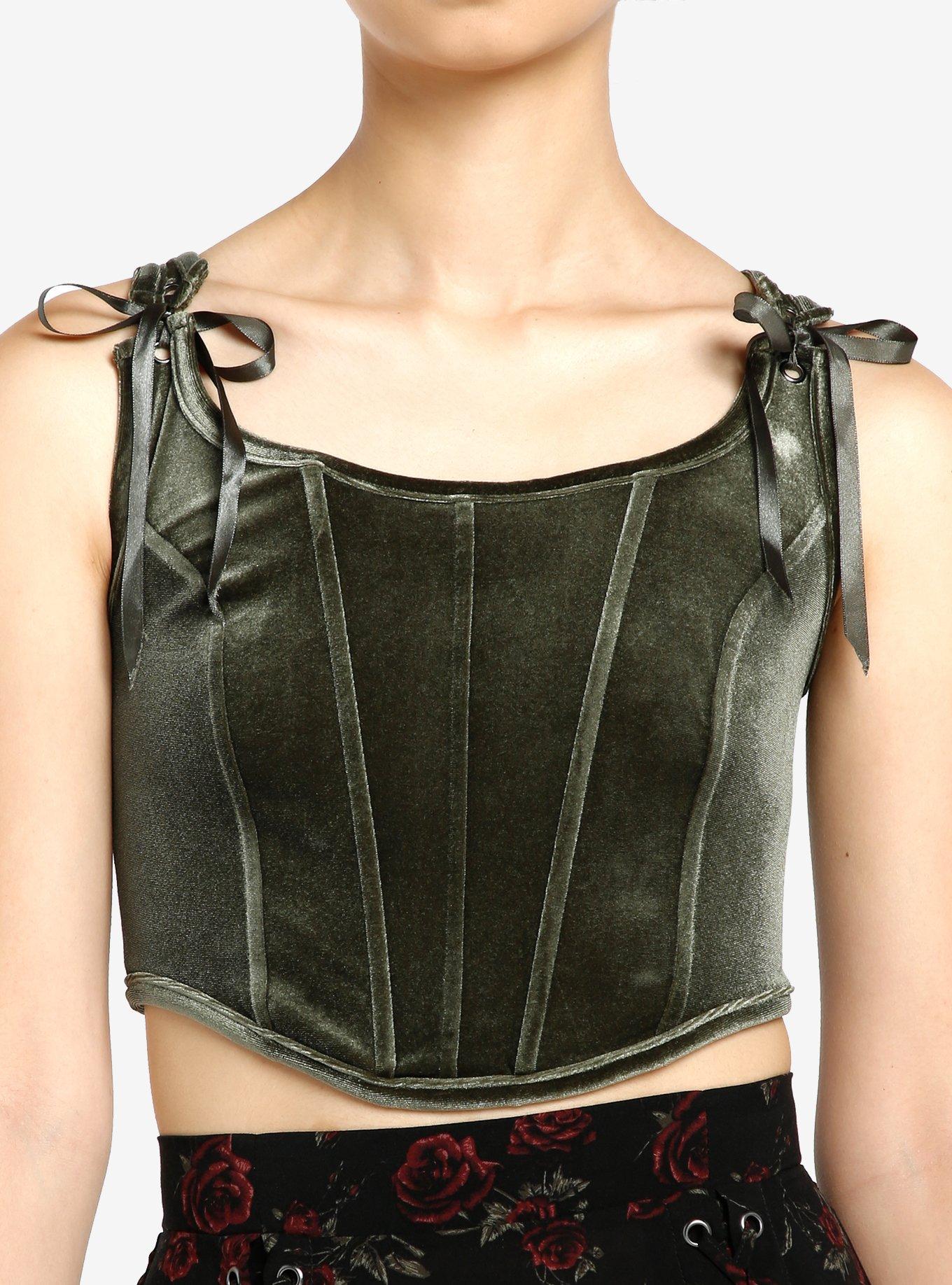 Thorn & Fable Green Velvet Girls Crop Corset Top, GREY, hi-res