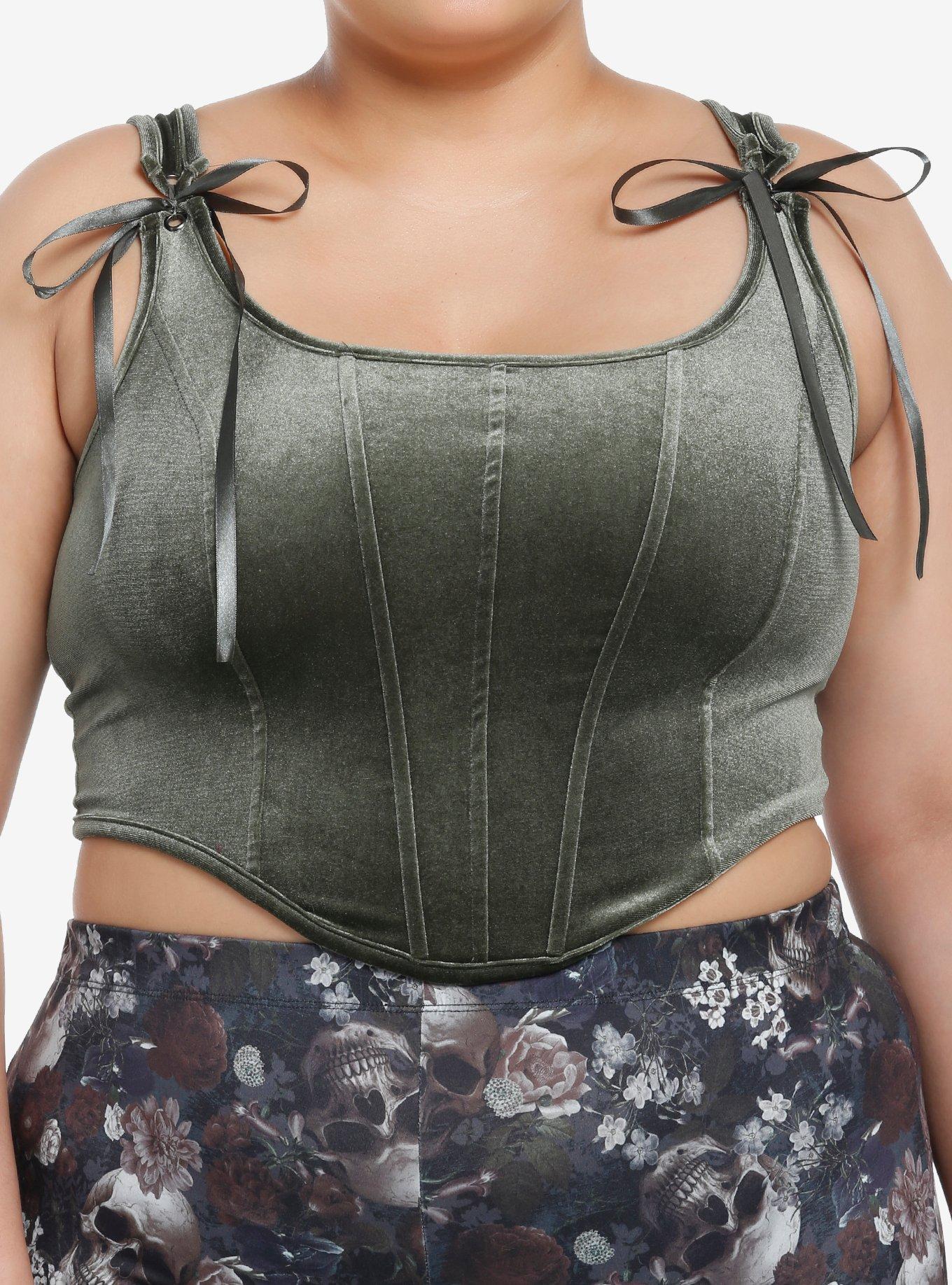 Thorn & Fable Green Velvet Girls Crop Corset Top Plus Size, , hi-res