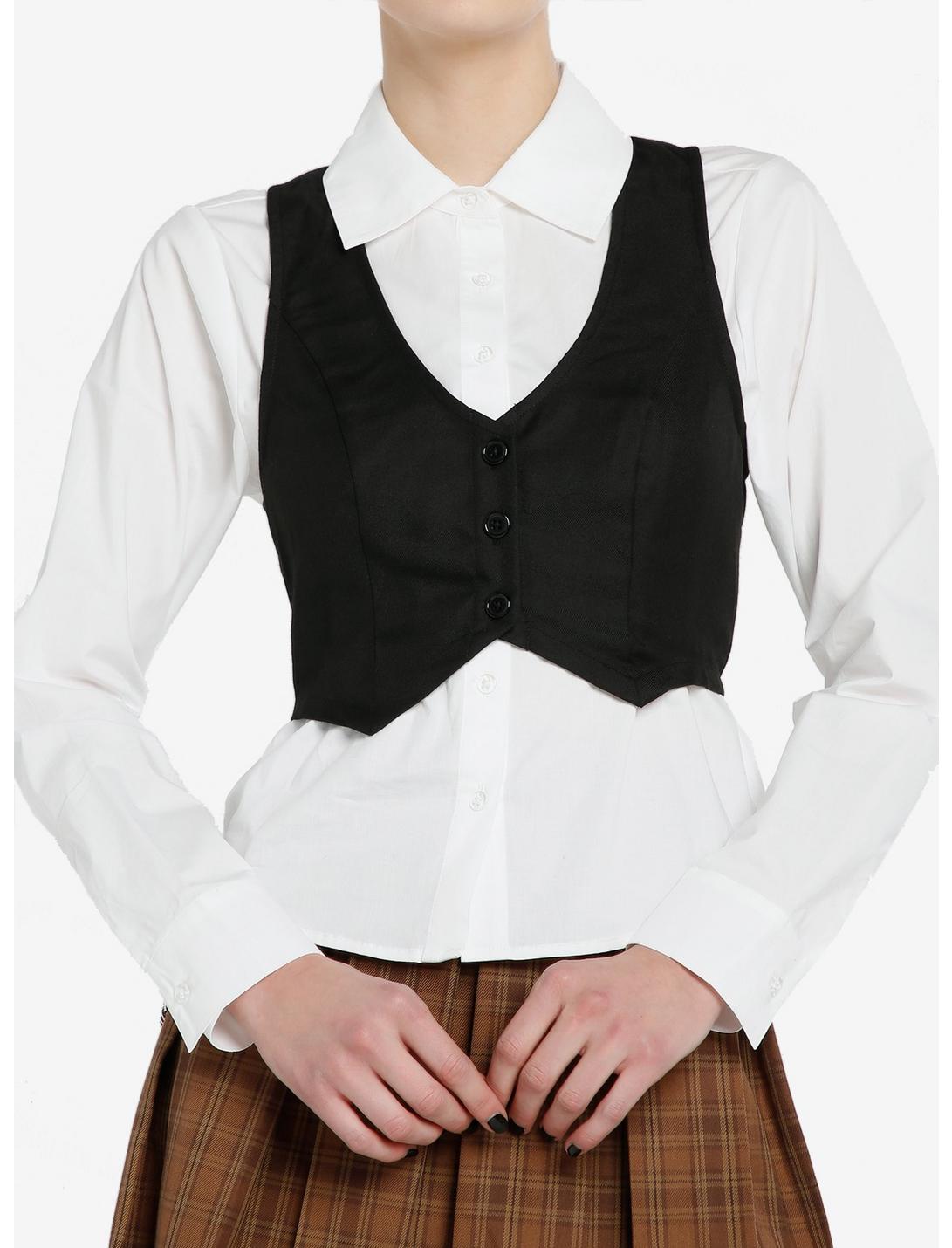 Social Collision Black Vest Girls Woven Button-Up Twofer, BLACK, hi-res