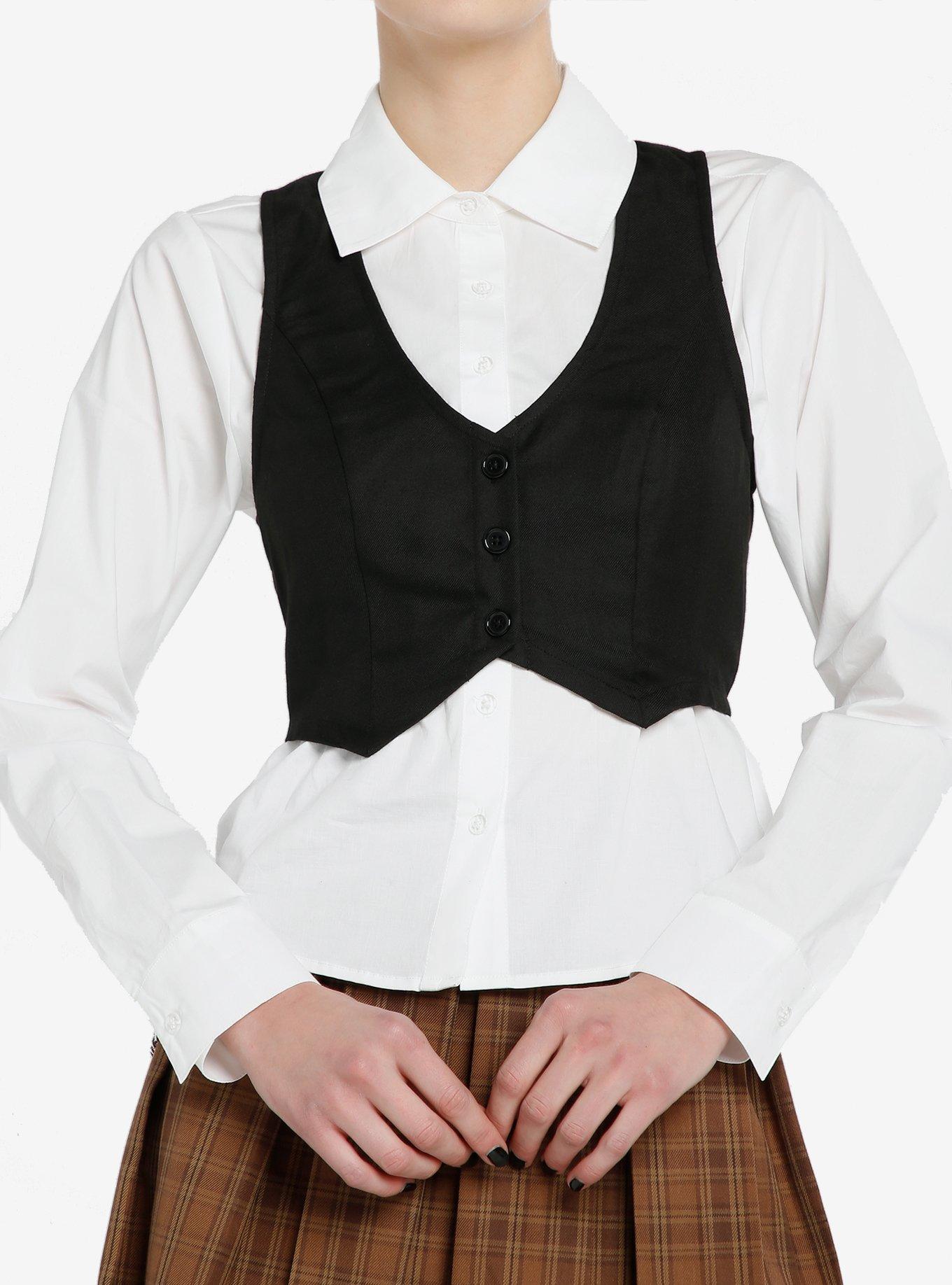 Social Collision Black Vest Girls Woven Button-Up Twofer, , hi-res