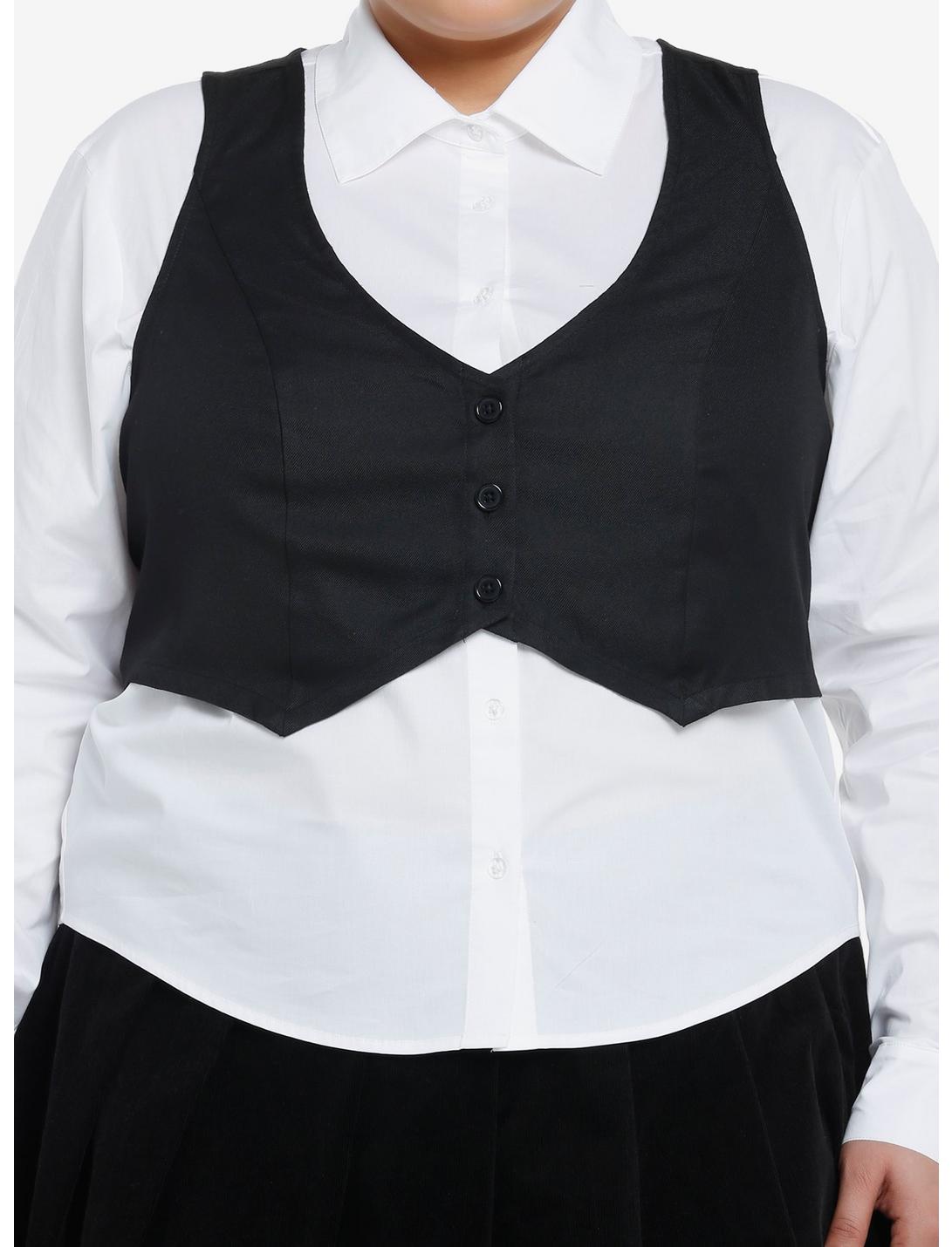 Social Collision Black Vest Girls Woven Button-Up Twofer Plus Size, BLACK, hi-res