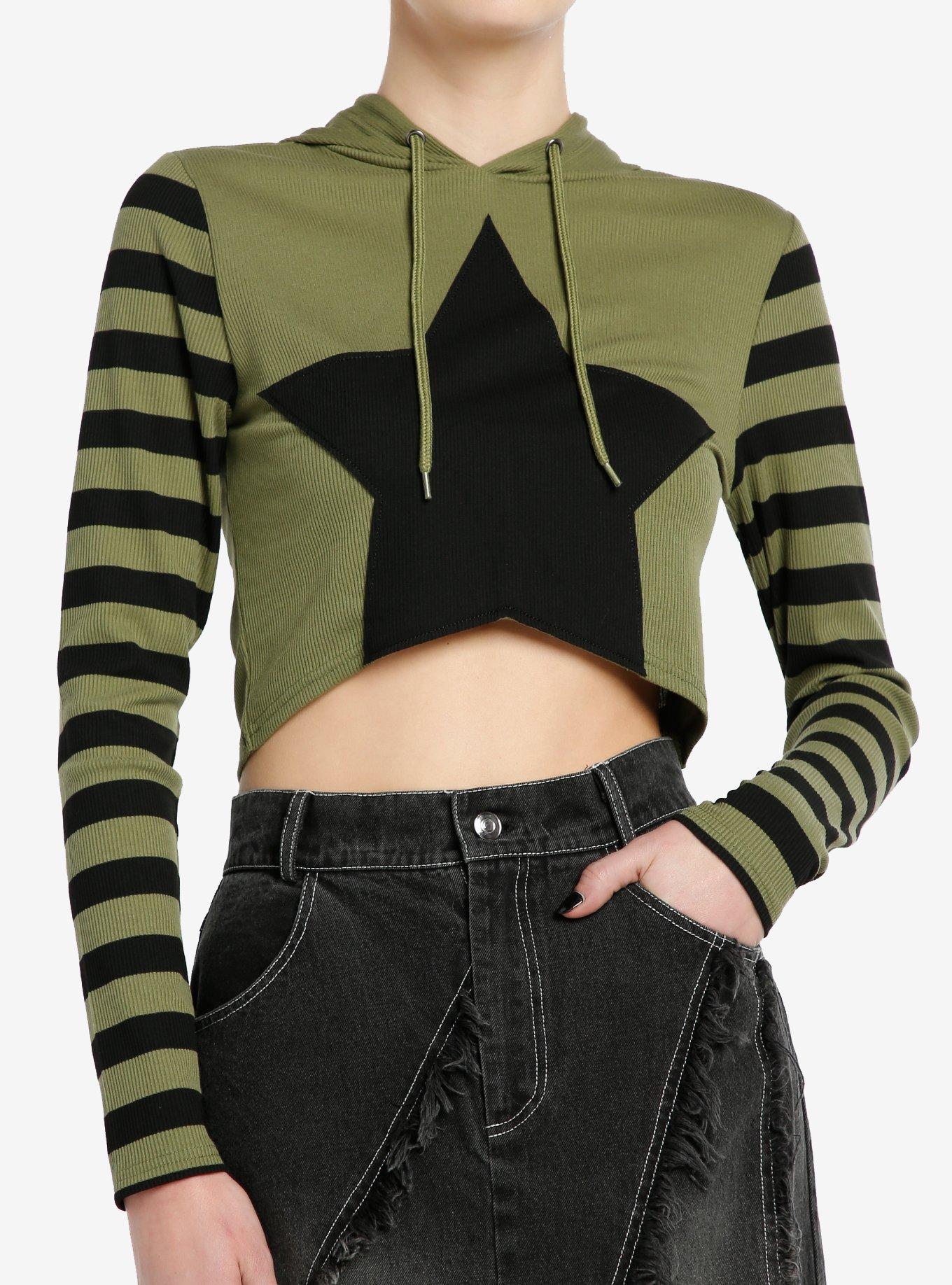 Social Collision Black & Green Stripe Star Girls Crop Hoodie, BLACK, hi-res