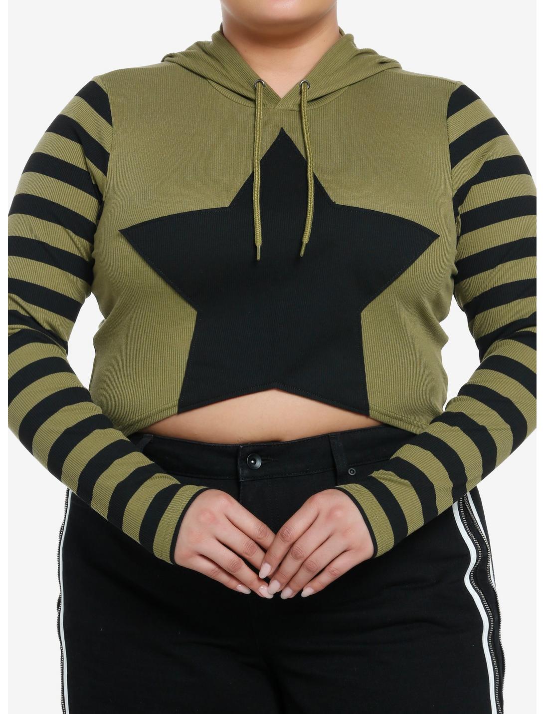 Social Collision Black & Green Stripe Star Girls Crop Hoodie Plus Size, BLACK, hi-res