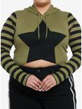 Social Collision Black & Green Stripe Star Girls Crop Hoodie Plus Size, BLACK, hi-res