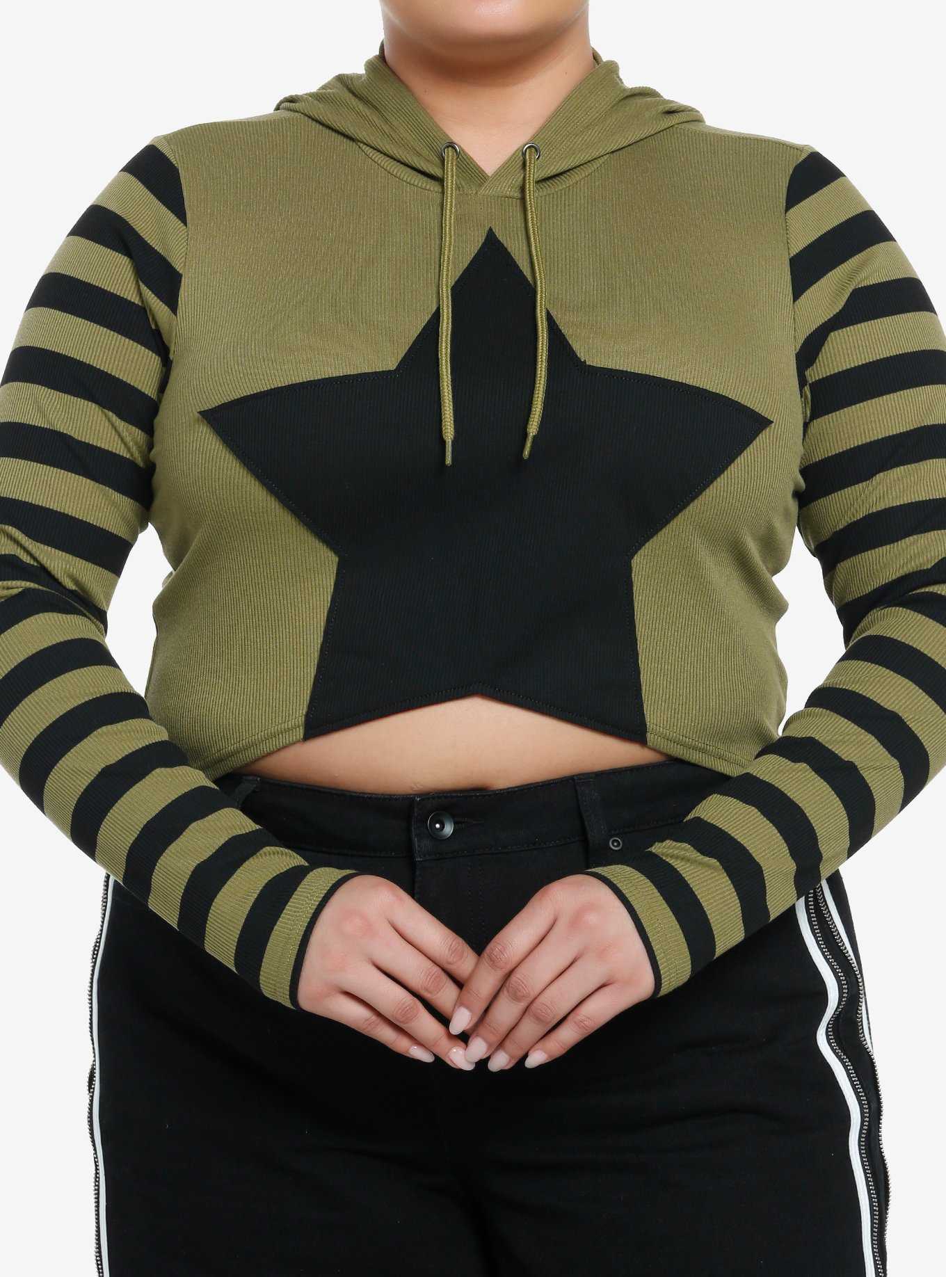 Social Collision Black & Green Stripe Star Girls Crop Hoodie Plus Size, , hi-res