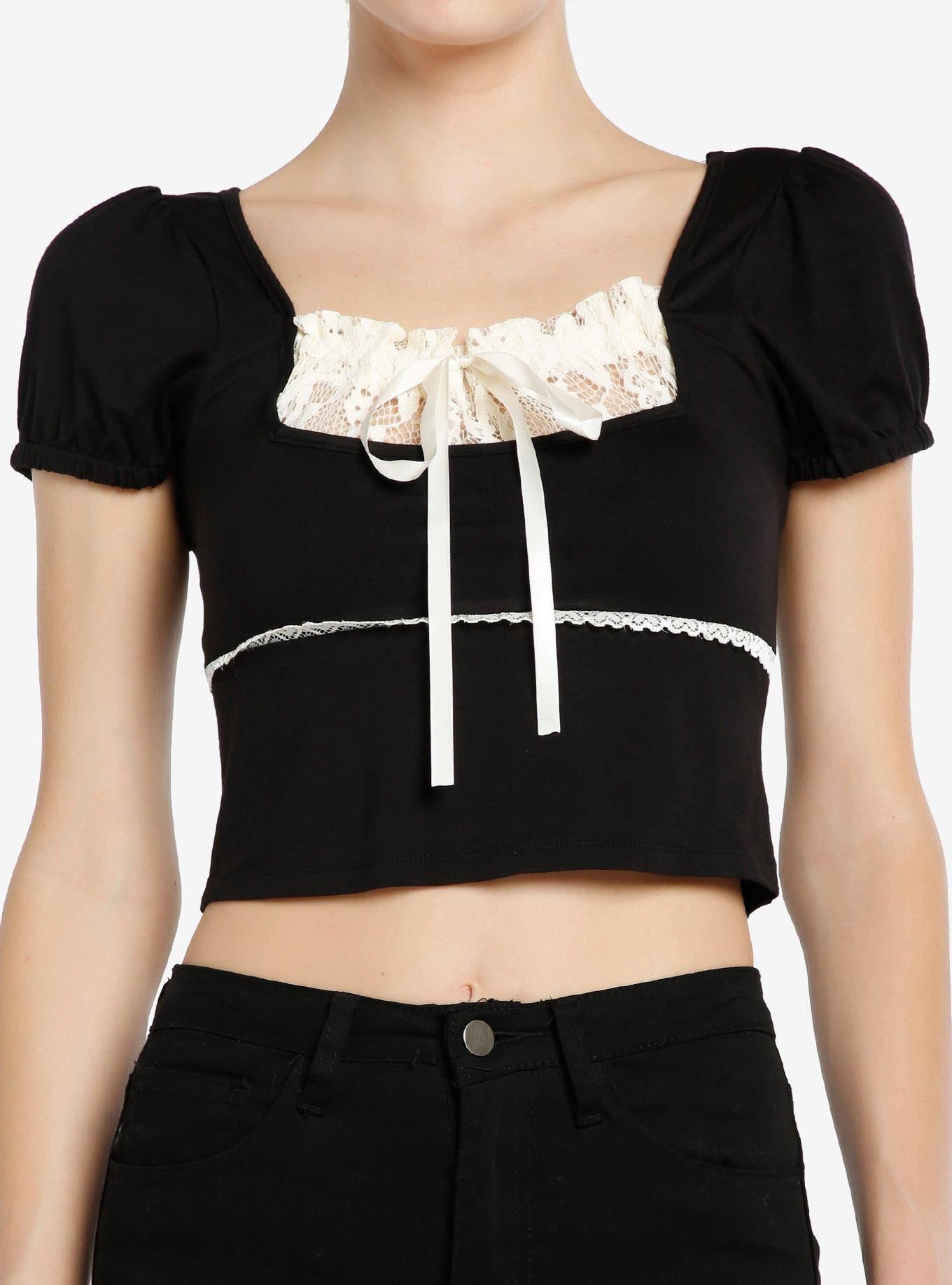 Thorn & Fable Black & Ivory Lace Girls Puff Sleeve Top