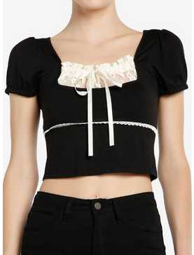 Thorn & Fable Black & Ivory Lace Girls Puff Sleeve Top, , hi-res