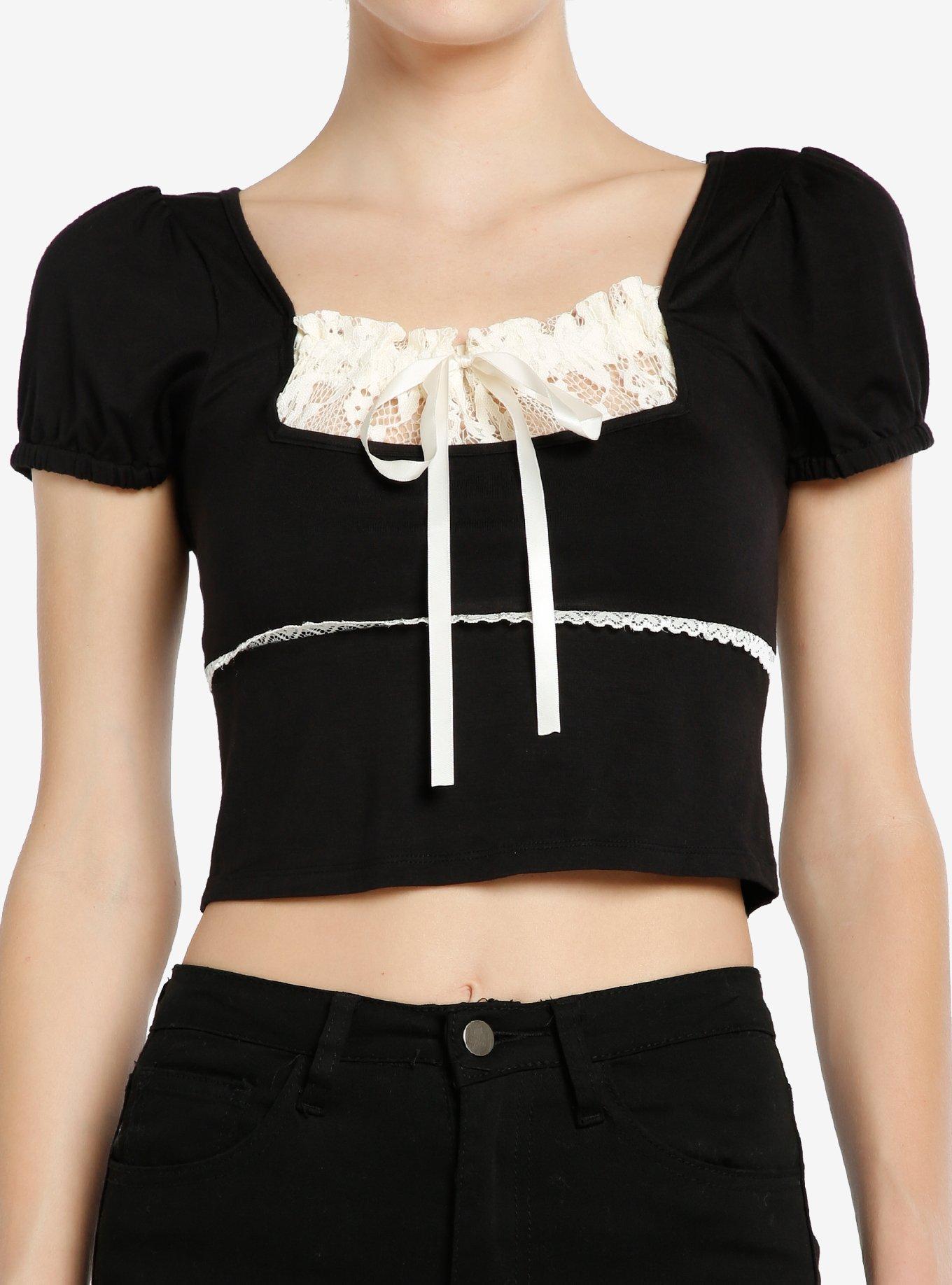 Thorn & Fable Black & Ivory Lace Girls Puff Sleeve Top, , hi-res