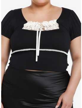 Thorn & Fable Black & Ivory Lace Girls Puff Sleeve Top Plus Size, , hi-res