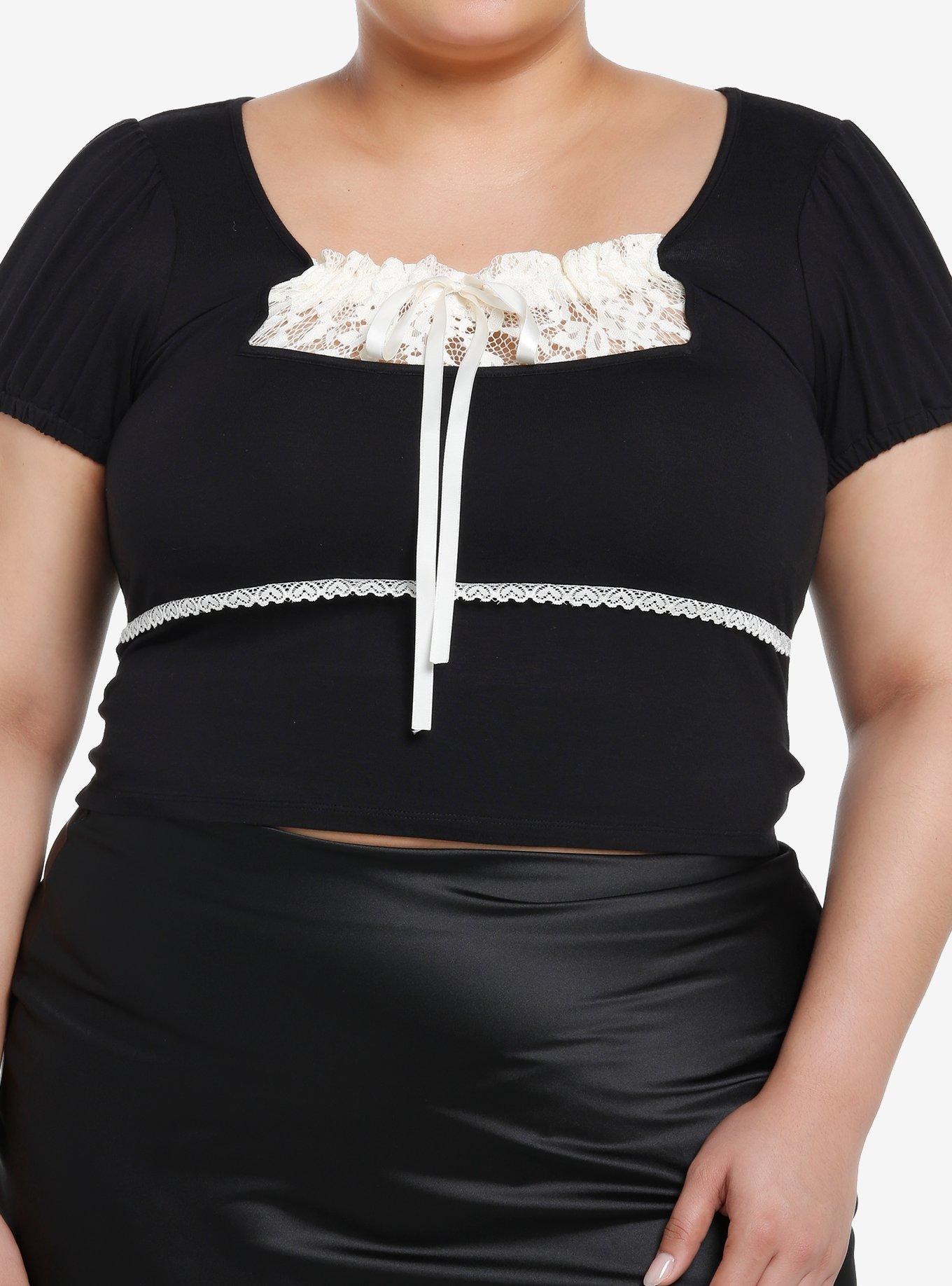 Thorn & Fable Black & Ivory Lace Girls Puff Sleeve Top Plus Size, , hi-res