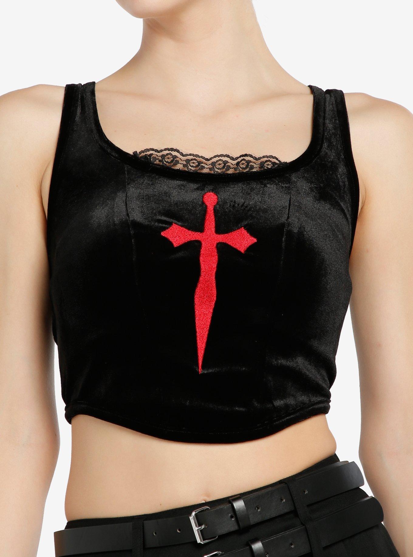 Dark in Love Dark Red Gothic Dead Cross Lace Trim Strap Corset Top for  Women 