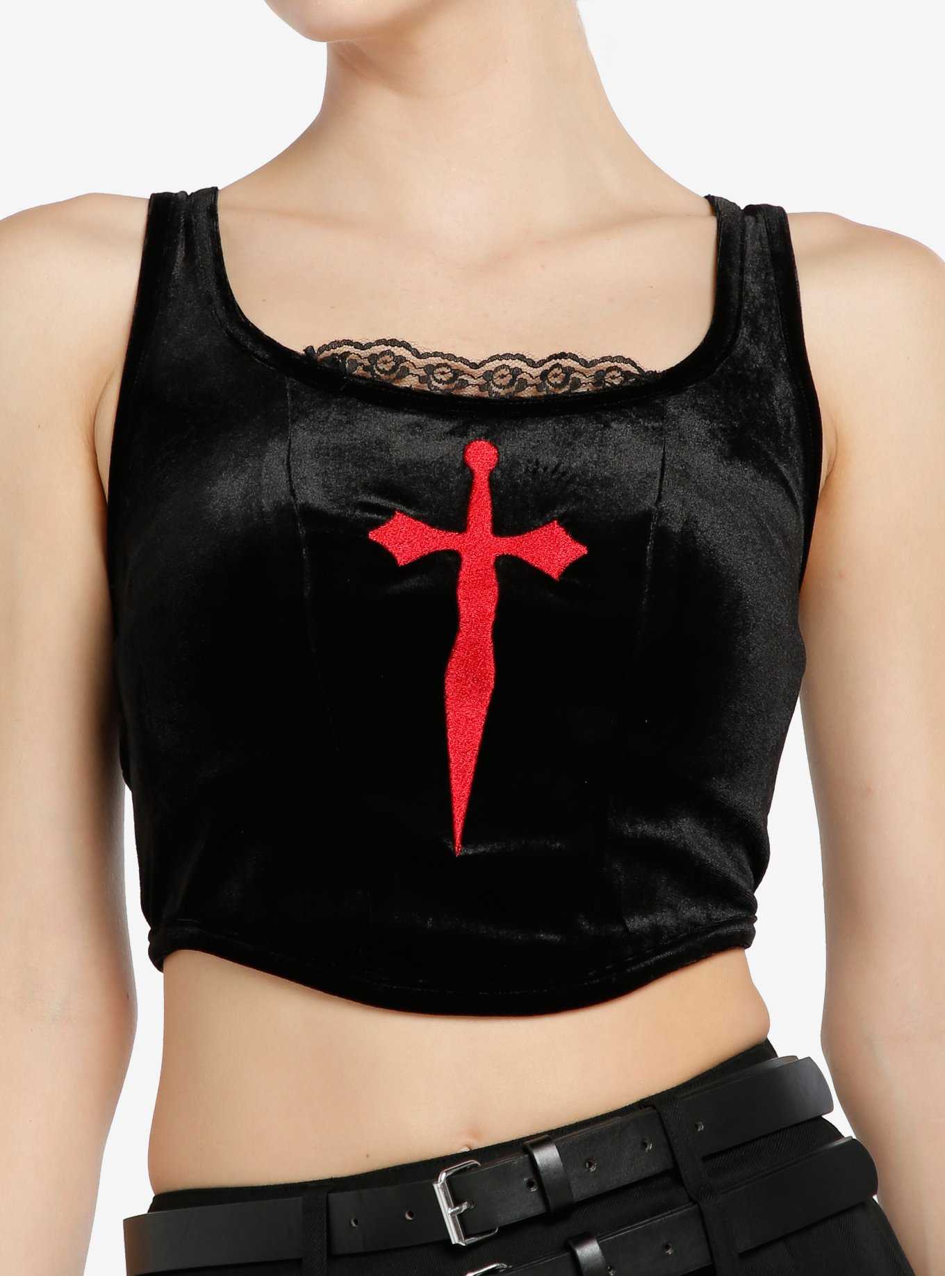 Social Collision Red Dagger Cross Velvet Lace-Up Girls Top, , hi-res