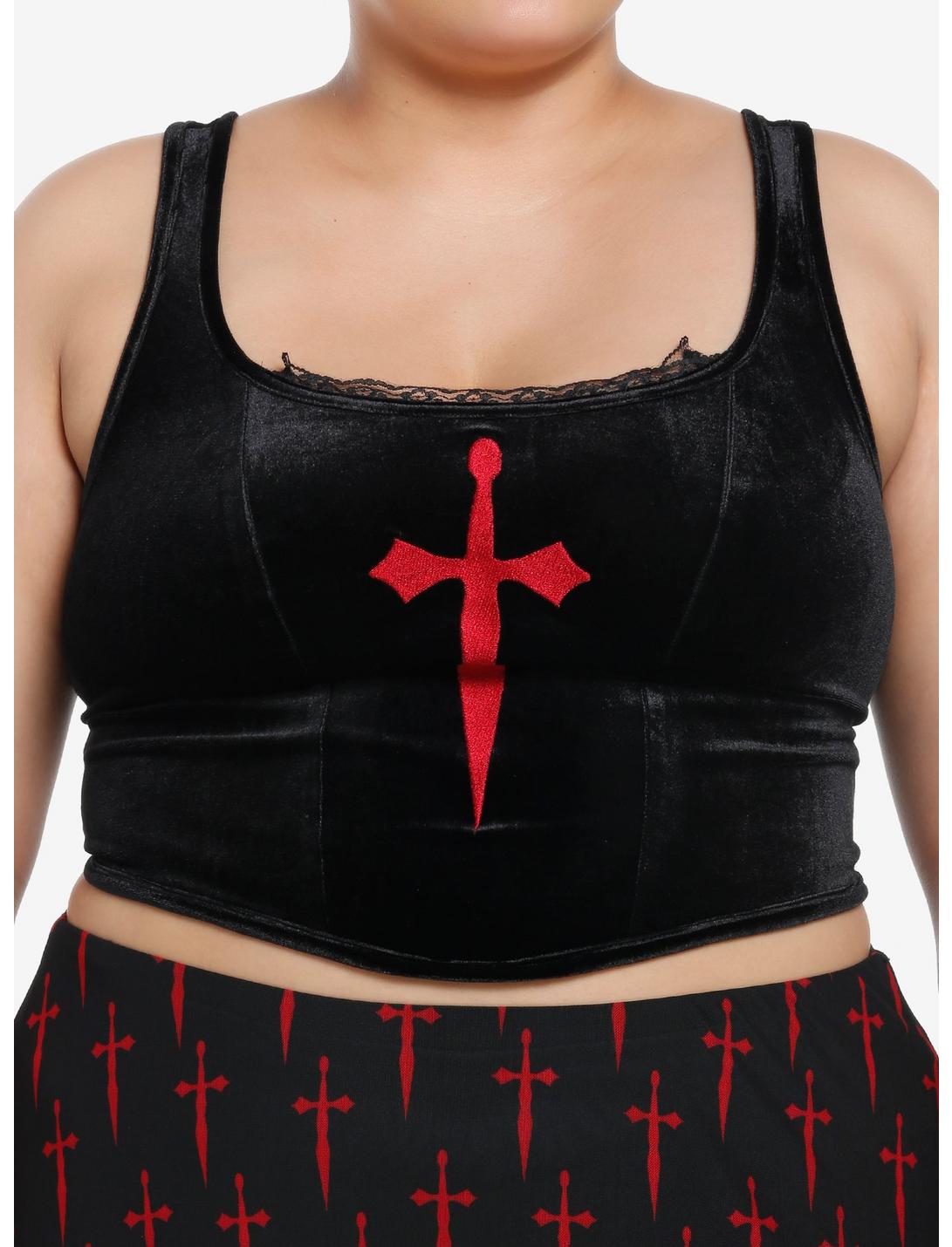 Social Collision Red Dagger Cross Velvet Lace-Up Girls Top Plus Size, RED, hi-res