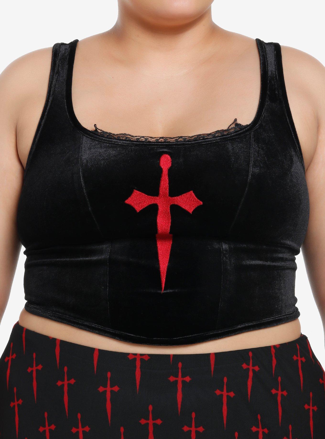 Social Collision Red Dagger Cross Velvet Lace-Up Girls Top Plus Size, RED, hi-res