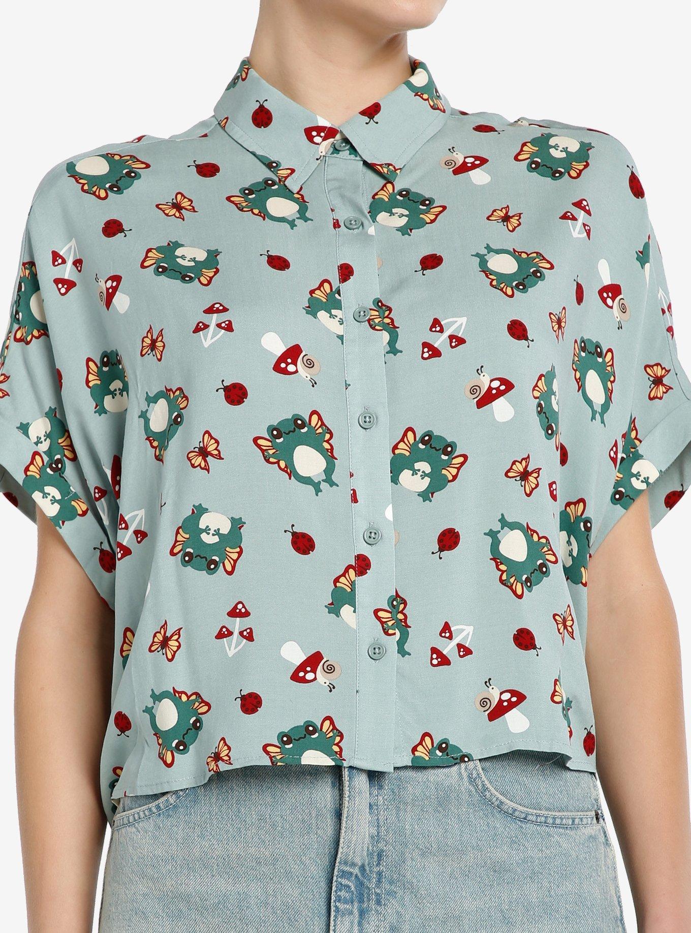 Thorn & Fable Chibi Frog Fairies Girls Woven Button-Up, SAGE, hi-res