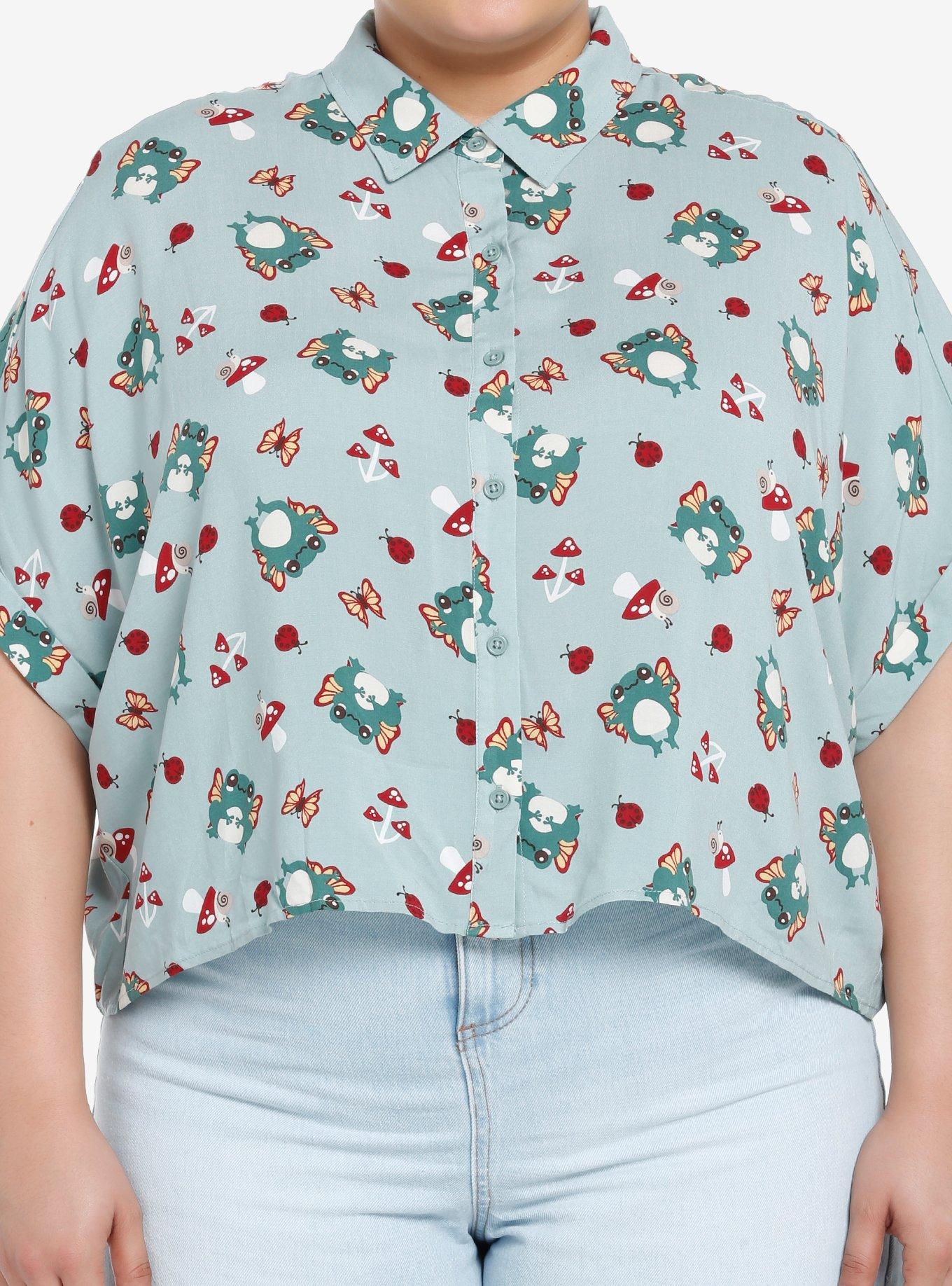 Thorn & Fable Chibi Frog Fairies Girls Woven Button-Up Plus Size, SAGE, hi-res