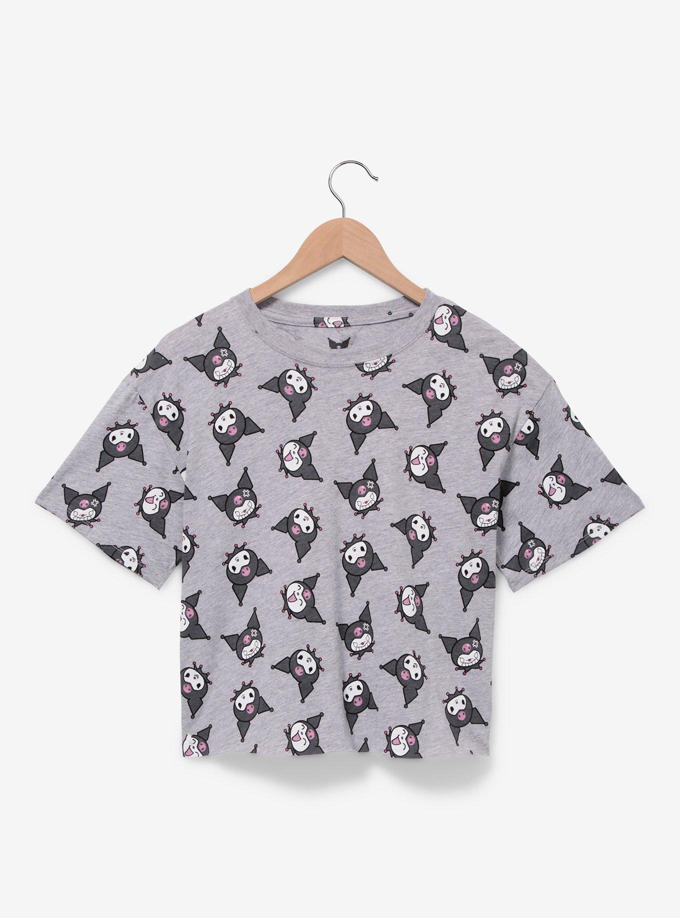 Sanrio Kuromi Faces Allover Print Women's Crop T-Shirt, LIGHT GREY, hi-res