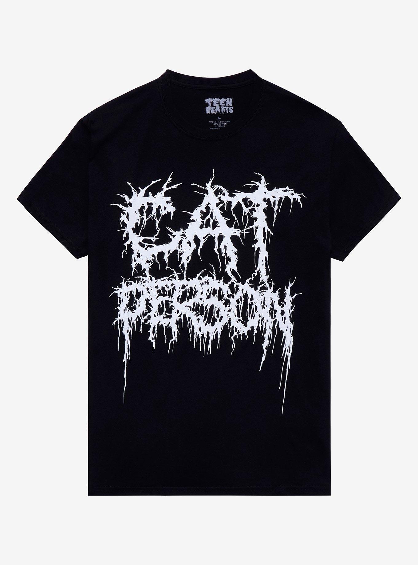 Teen Hearts Cat Person Metal Font T-Shirt, BLACK, hi-res