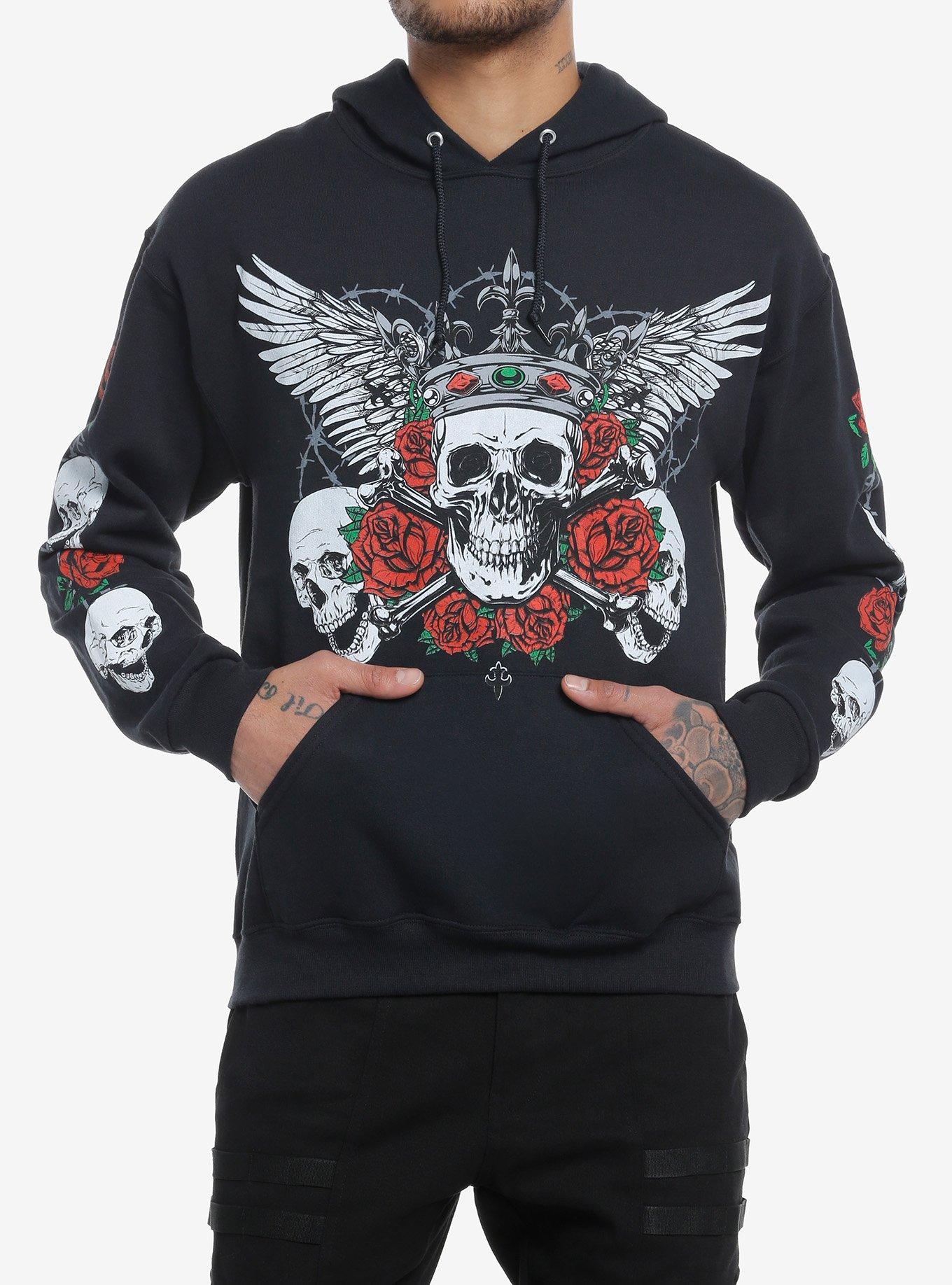 Crowned Skull With Wings Hoodie, RED, hi-res