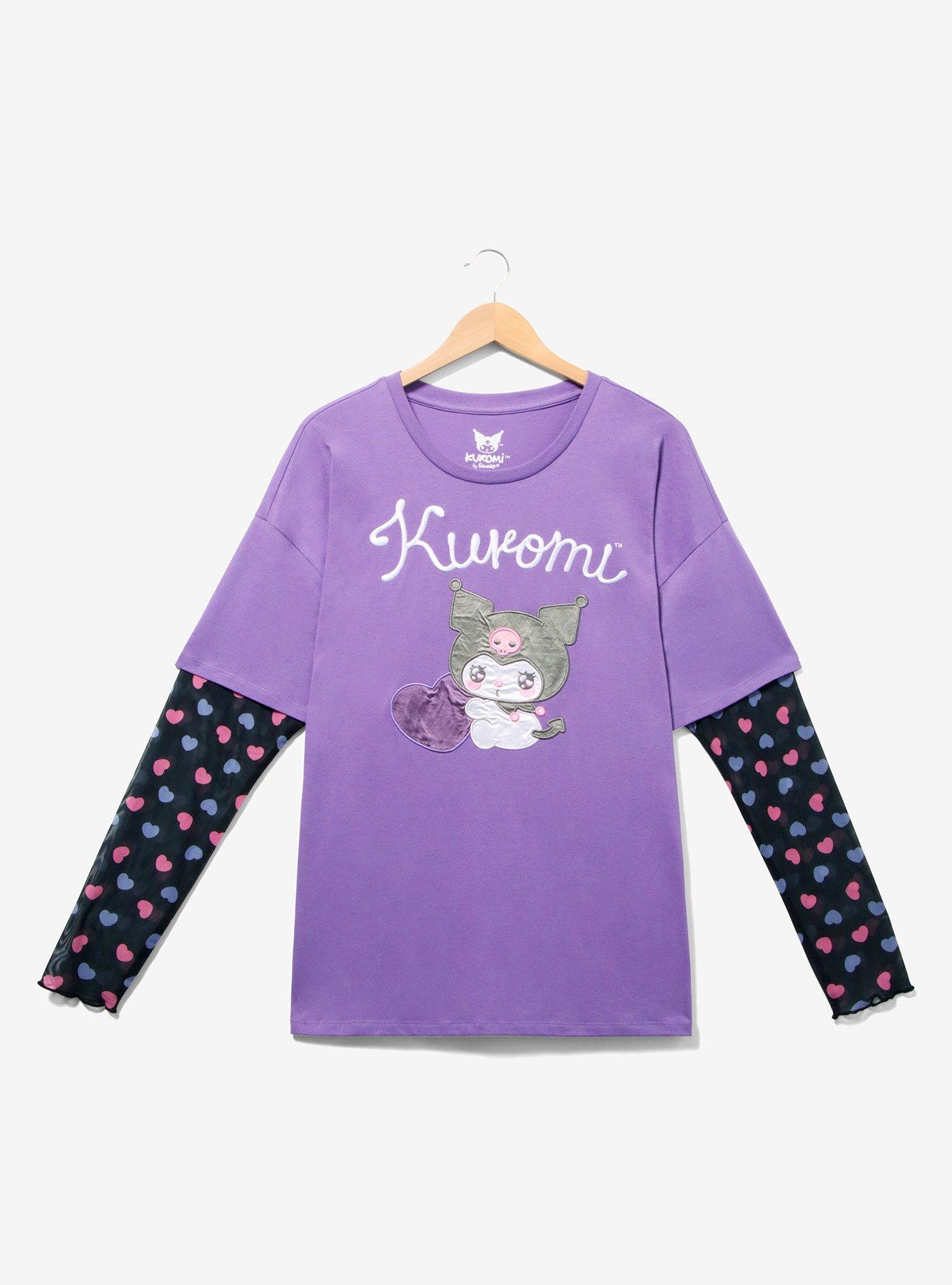 Sanrio Kuromi Mesh Layered Long Sleeve Women's Plus Size T-Shirt &mdash; BoxLunch Exclusive, PURPLE, hi-res