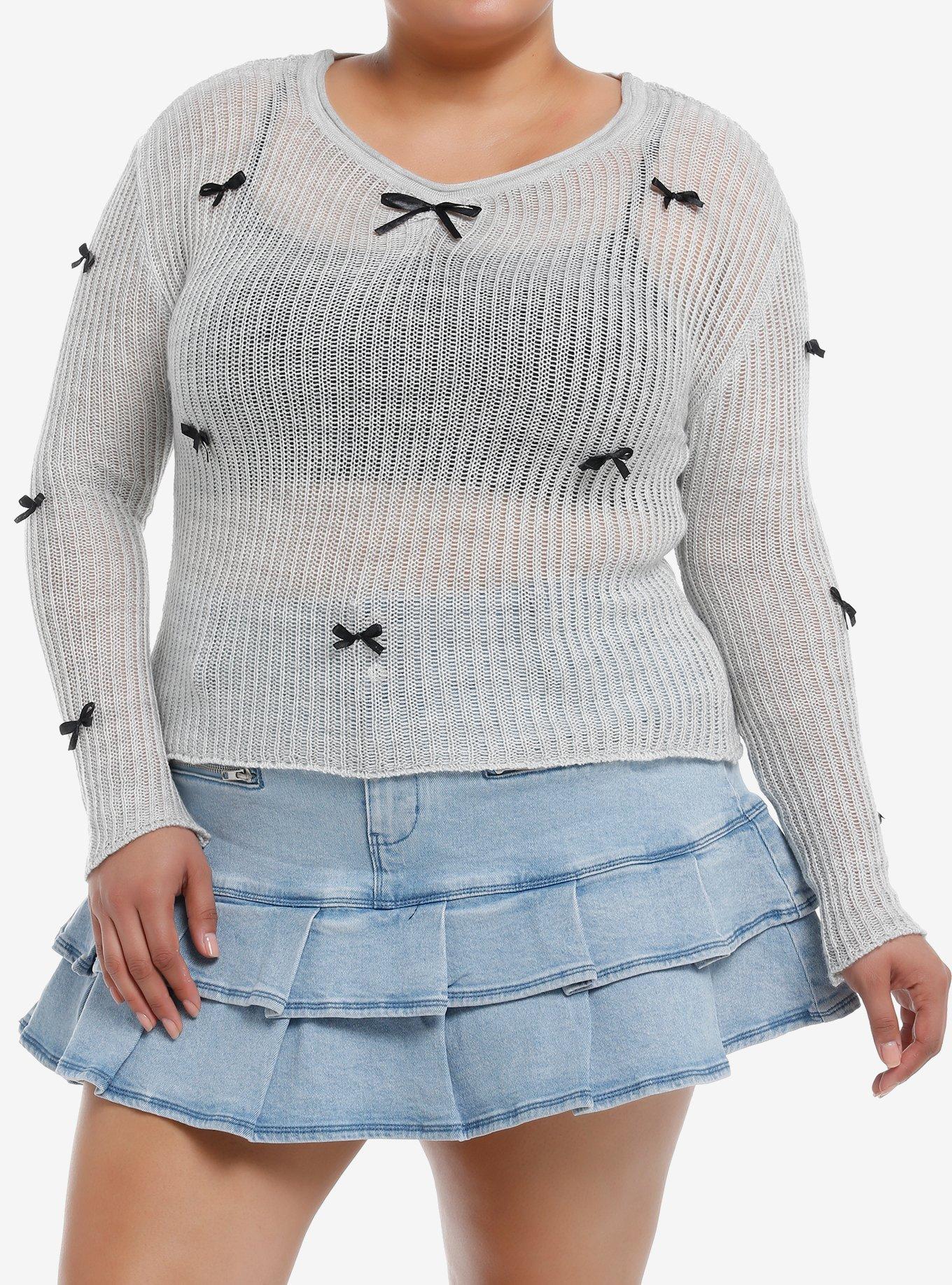 Grey Black Bow Girls Knit Sweater Plus Size, , hi-res