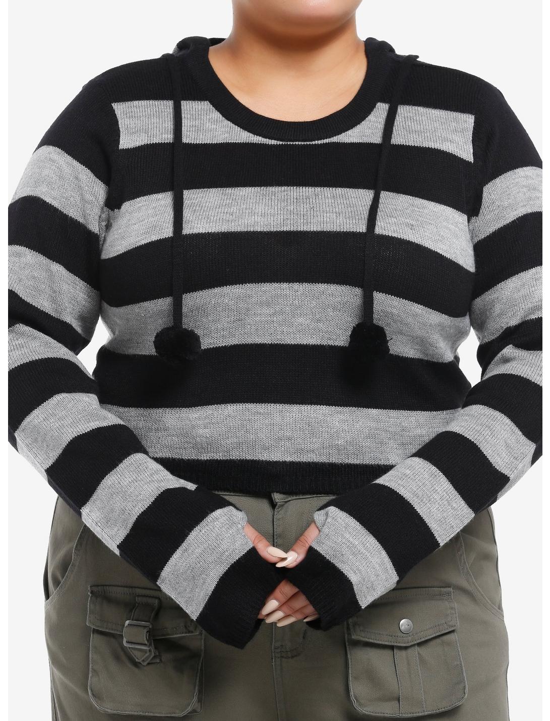Black & Grey Stripe Girls Crop Hoodie Plus Size, GREY, hi-res