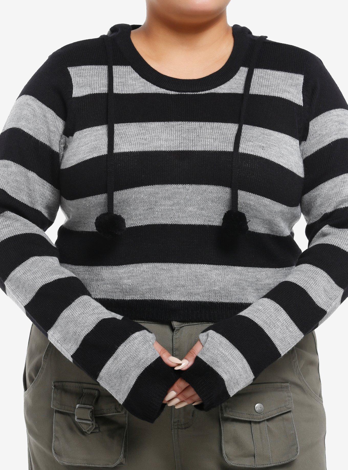 Black & Grey Stripe Girls Crop Hoodie Plus Size, , hi-res