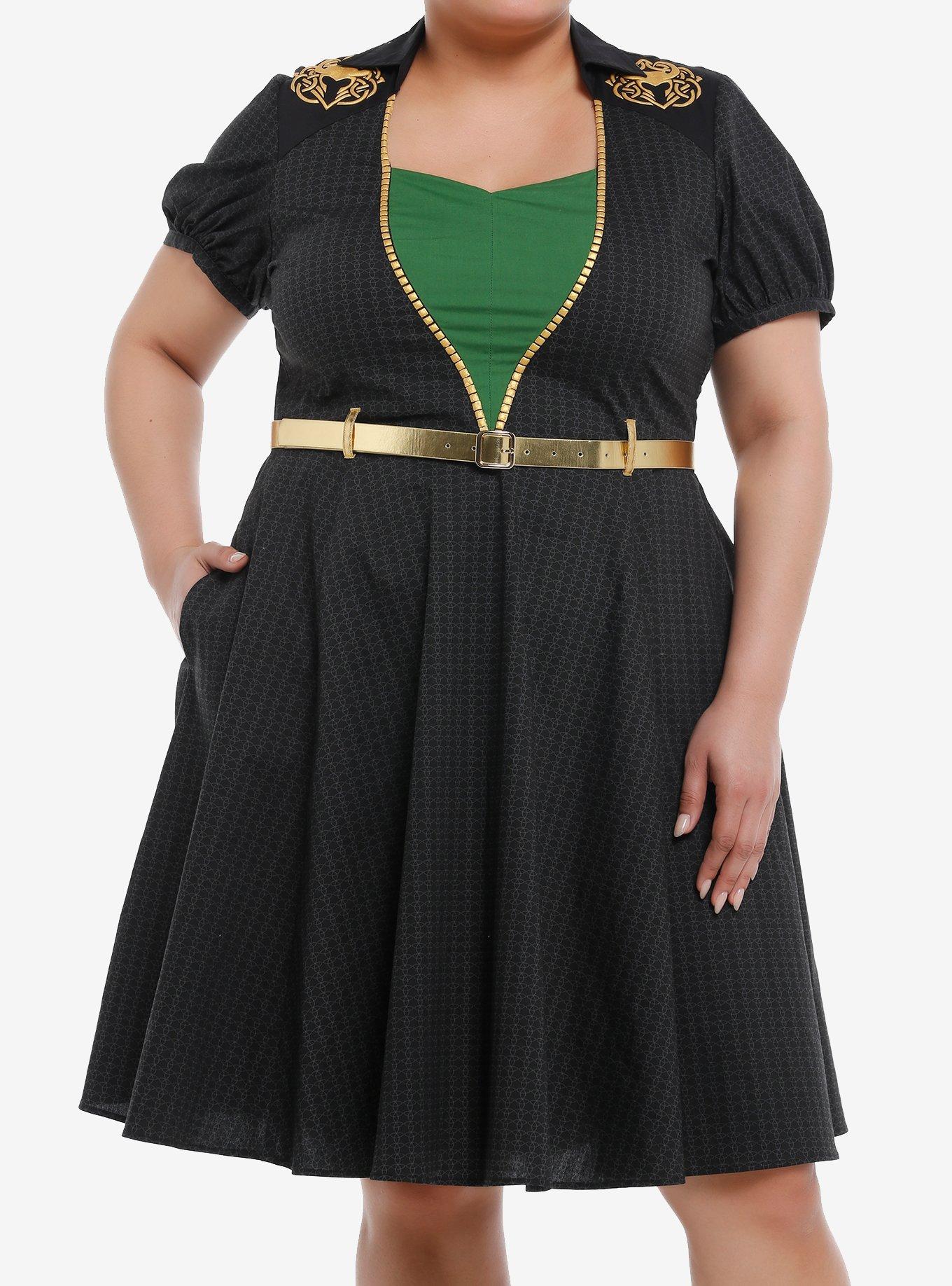 Her Universe Marvel Loki Gold Belt Retro Dress Plus Size, BLACK  GREEN, hi-res