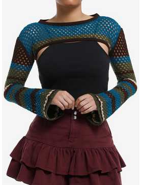 Thorn & Fable Blue & Green Stripe Knit Girls Crop Shrug, , hi-res