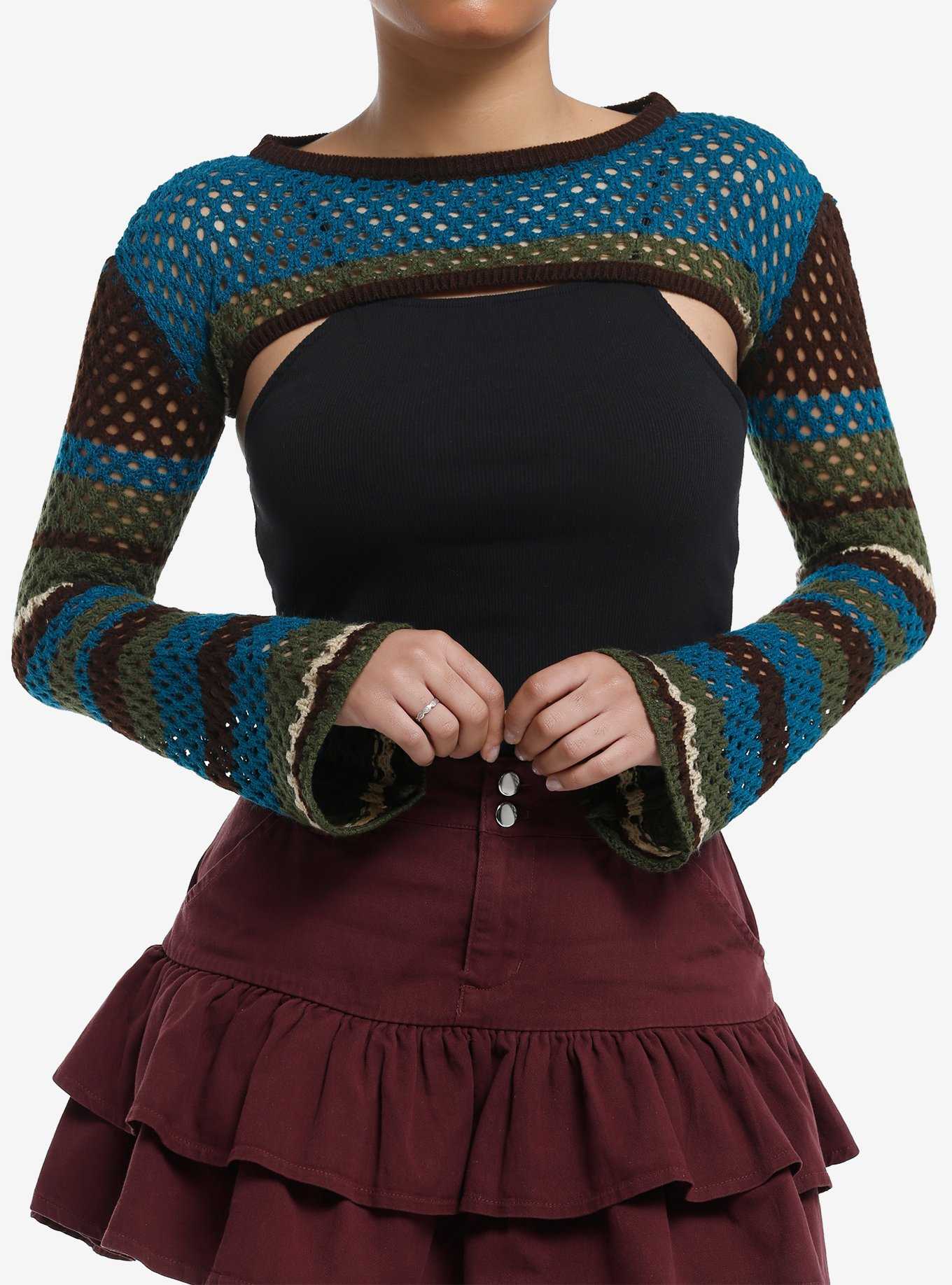 Thorn & Fable Blue & Green Stripe Knit Girls Crop Shrug, , hi-res