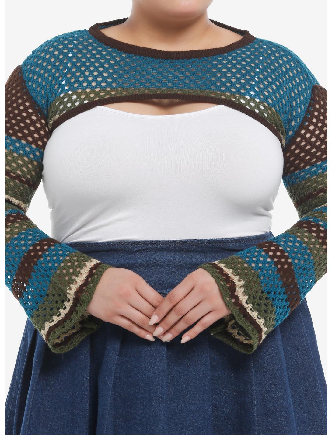 Thorn & Fable Blue & Green Stripe Knit Girls Crop Shrug Plus Size, GREEN, hi-res