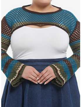 Thorn & Fable Blue & Green Stripe Knit Girls Crop Shrug Plus Size, , hi-res